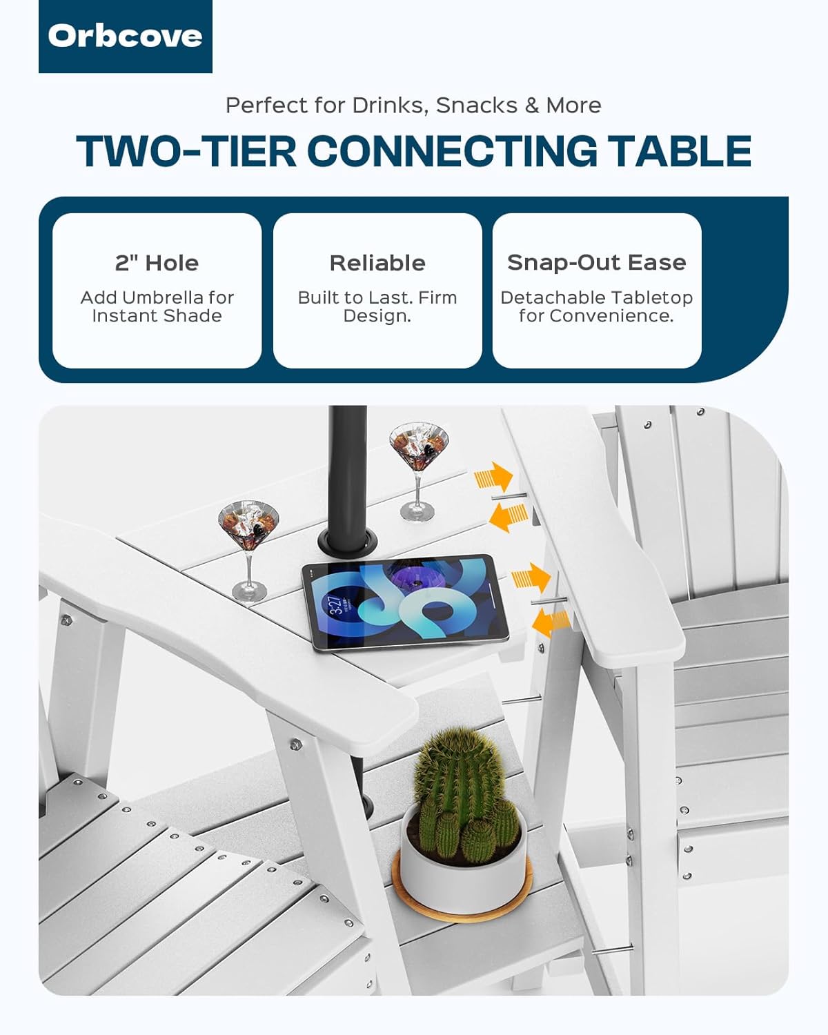 Tall Adirondack Chairs Set of 2 with 2-Layer Connecting Table, HDPE Bar Height Outdoor Table and Chairs with Umbrella Hole, All Weather Outdoor Bar Stools for Patio, Deck, Yard (White)