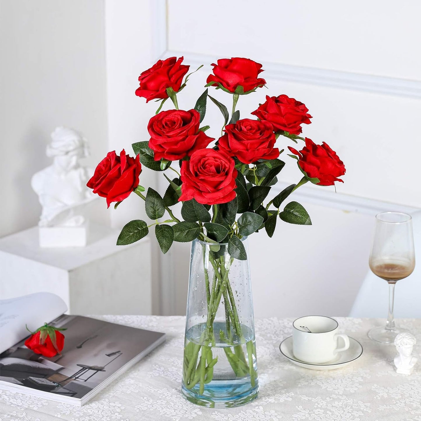 Hawesome 12PCS Artificial Silk Flowers Realistic Roses Bouquet Long Stem for Home Wedding Decoration Party (12pcs-red 1)