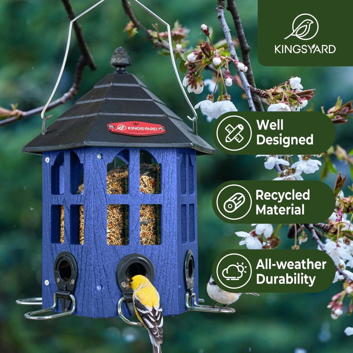 Kingsyard Wild Bird Feeder for Outdoor Hanging, Recycled Plastic Bird Feeders with 6 Ports & U-Shape Perch, Garden Yard Outside Decoration, 3.5 lbs Seed Capacity, Blue