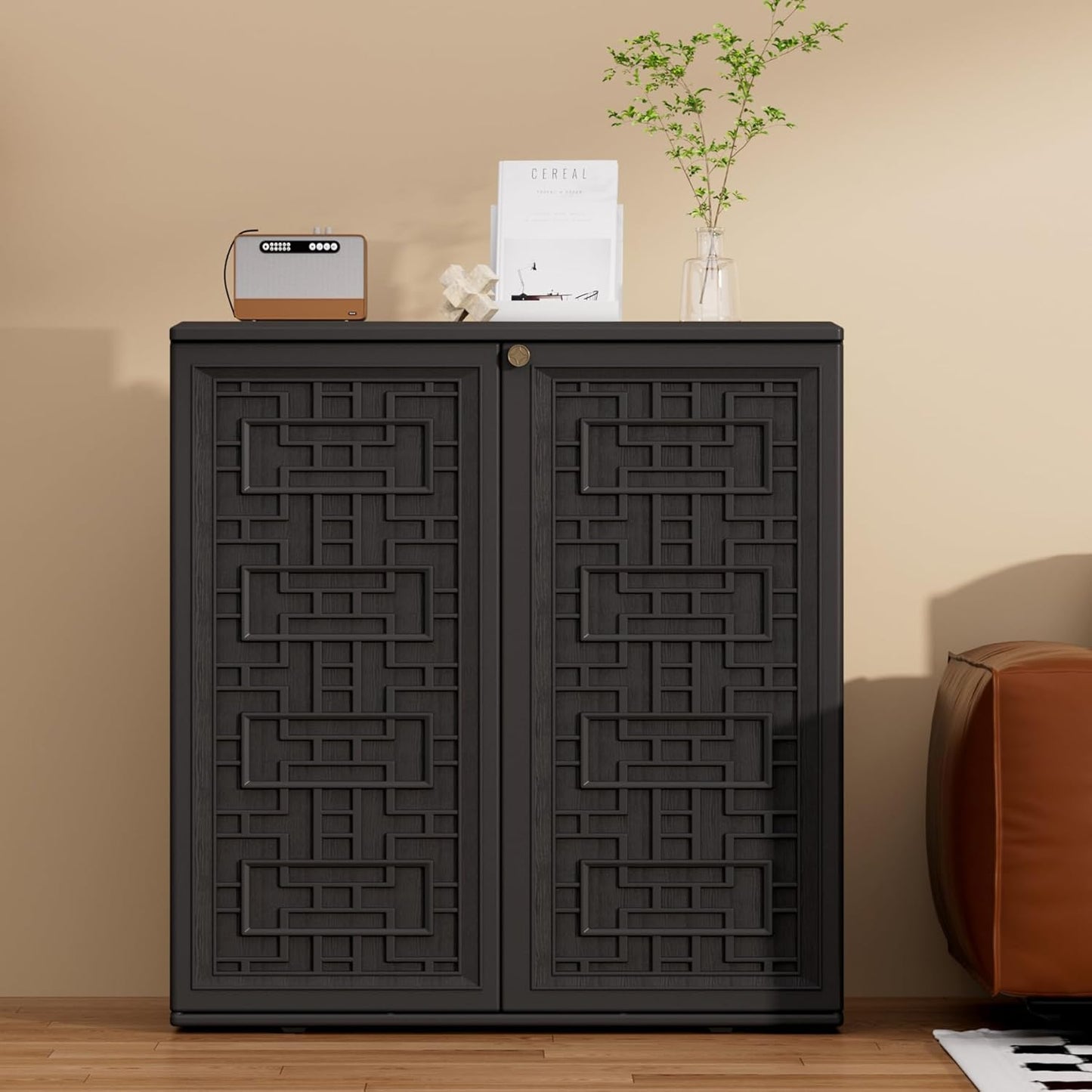 Indoor Outdoor Storage Cabinet Waterproof with Shelf,Plastic Storage Sheds Outdoor Cabinets for Patio/Garden/Backyard, Size 34.3''L*15''W*36.2''H（Black）