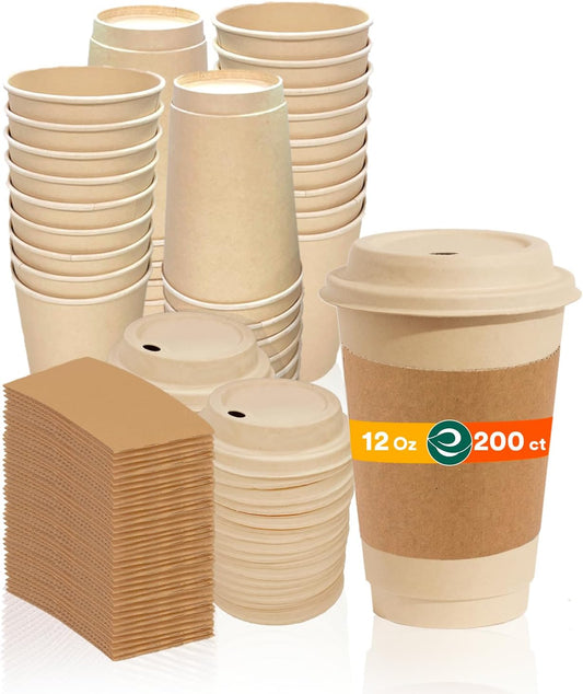 ECO SOUL 100% Compostable Coffee Cups With Lids & Sleeves - 12 Oz (200 Counts) To Go Coffee Disposable Bagasse Cups |Sturdy & Eco-Friendly Cups for Cafes, Party, Office