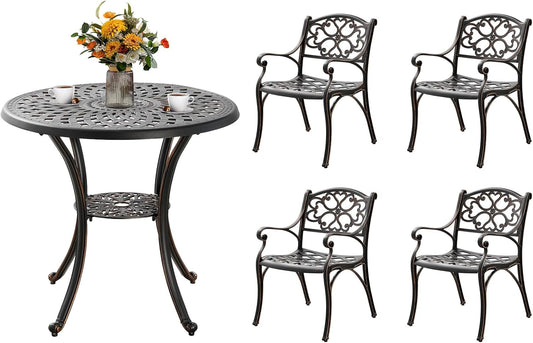 5 Piece Patio Dining Set, All Weather Cast Aluminum Outdoor Dining Table and Chairs Set of 4, Patio Furniture Conversation Set with 4 Chairs and 31" Round Table, 2.2" Umbrella Hole