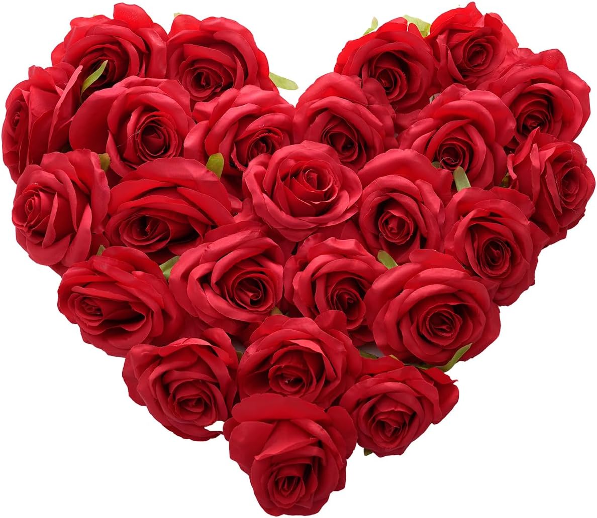 Fake Roses Not Bend The Peduncle Artificial Flowers Fake Flowers with Stems for DIY Wedding Bouquets Bridal Shower Centerpieces Arrangements Tables Decorations (24pcs,Ruby Red)