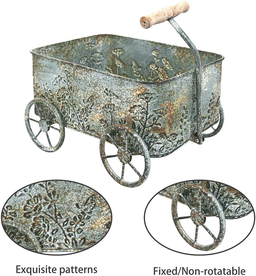 Flower Cart with Wooden Handles, Metal Wagon Planters for Outdoor Plants, Garden Planter with Wagon Wheels, Decorative Wheelbarrow, Plant Cart for Patio Garden Balcony (Blue)