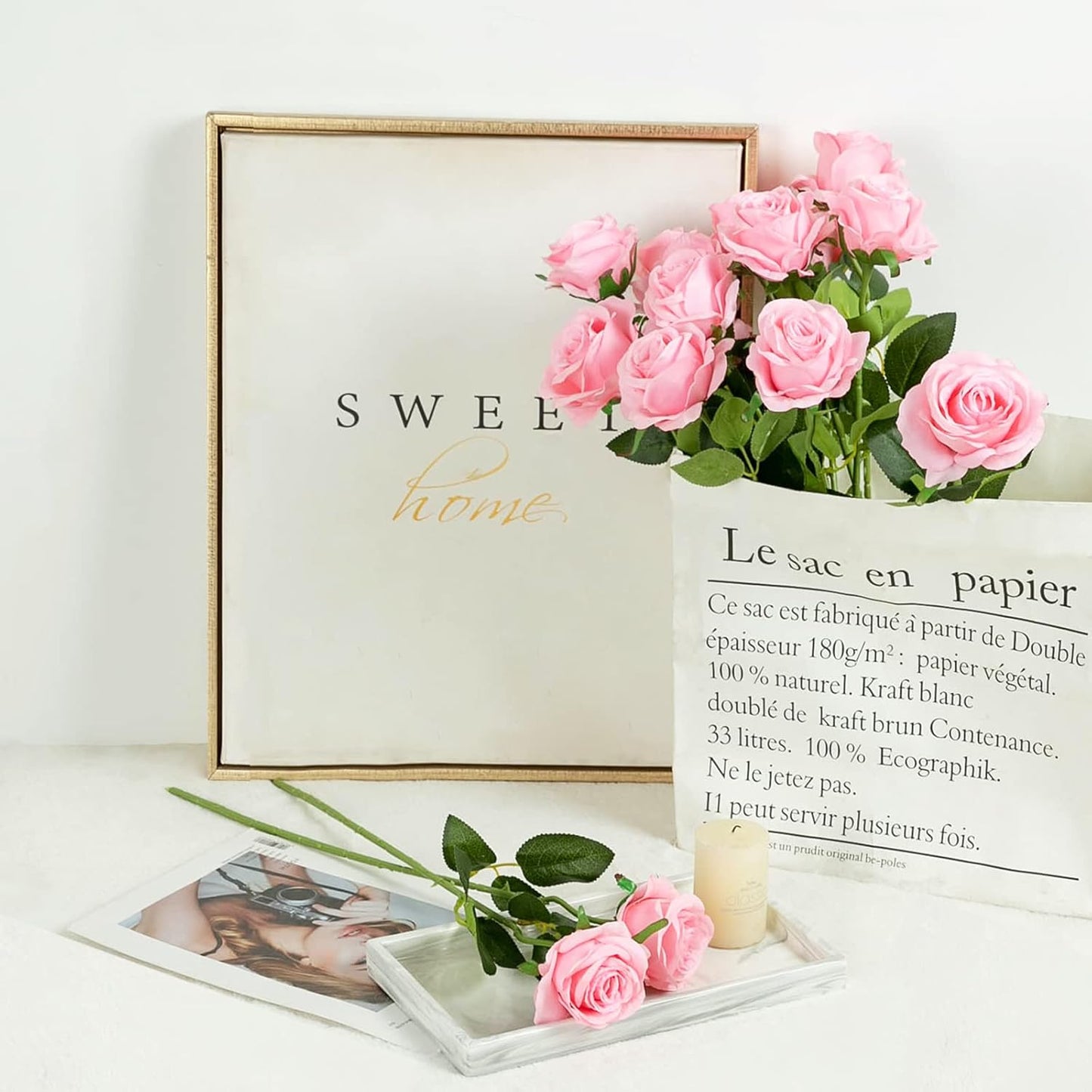 Hawesome FLORRALIA 12PCS Artificial Silk Flowers Realistic Roses Bouquet Long Stem for Home Wedding Decoration Party (12pcs-Pink) 1