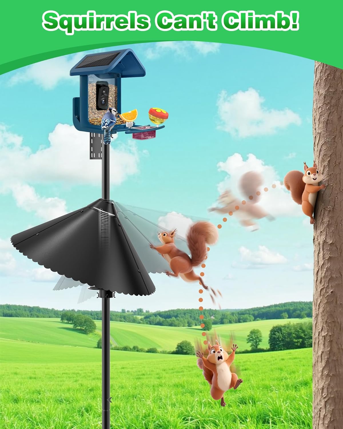 Metal Squirrel Baffle - Heavy Duty Squirrel Baffle for Bird Feeder Pole - Chew Proof Squirres Guard with Spring for Better Defense, Outside Pole Mount for Bird Feeder, 19 Inch