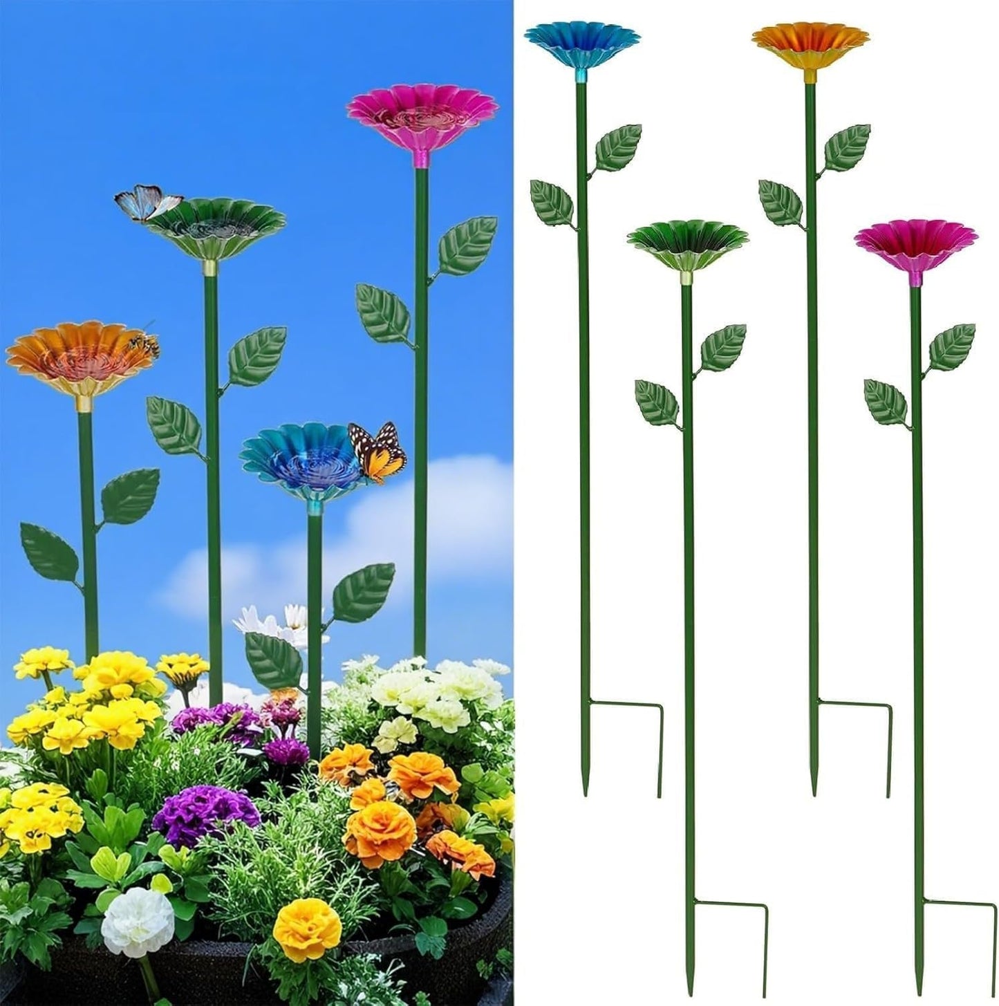 4 Pack Bee Watering Station, Metal Bee Feeder Cups with Colorful Flower Design,Butterfly Bee Bath Bowl for Outdoor Garden Yard Decor (Green, Blue, Yellow, Purple)