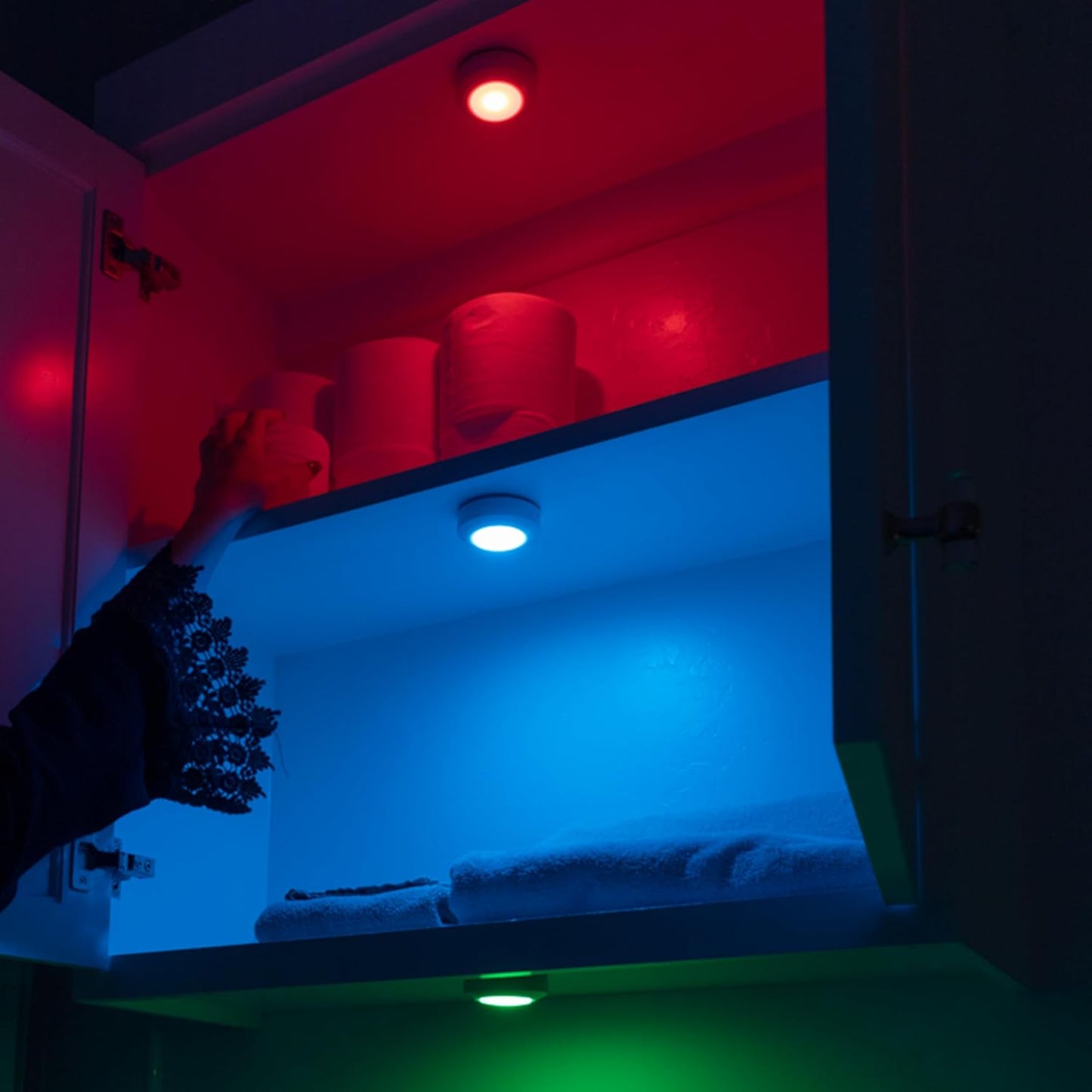 Amazon Basics LED Puck Lights, Color Changing, Battery Operated, IR Remote, 40 Lumens, 2 Pack, Wireless Stick on Lights, Under Cabinet Lighting, Ideal for Closets, and More, White