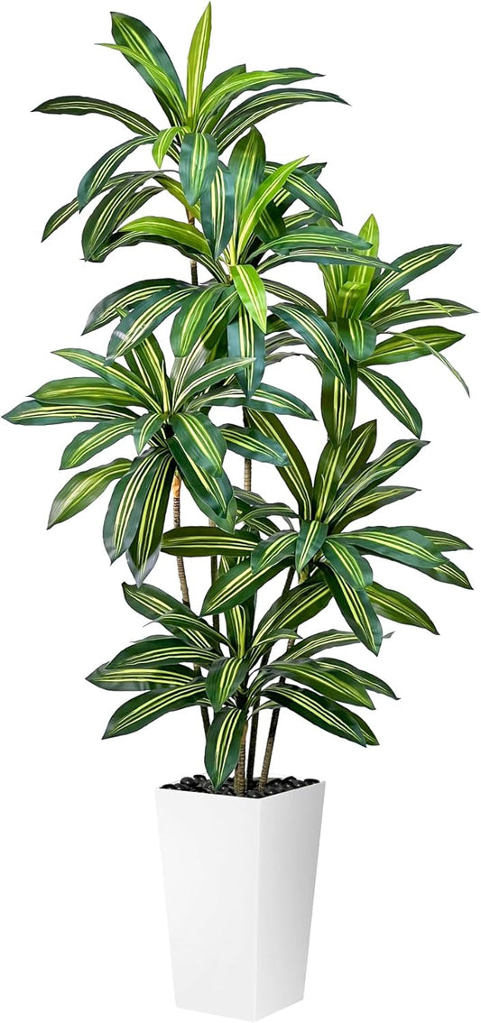 Artificial Dracaena Tree 5FT Tall Fake Plant with White Pot - Realistic Faux Dragon Tree with Tall Planter - Indoor Floor Plant for Home, Office,Mall, Living Room, Bedroom Decor (White - Planter, 5ft)