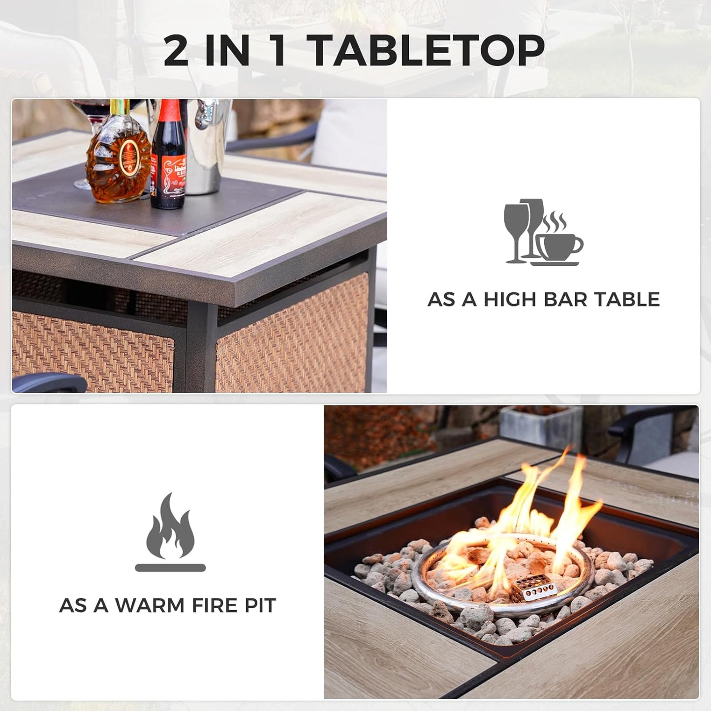 Grand patio 5-Piece Swivel Patio Bar Set with Fire Pit Table 40,000 BTU Heat Output, Leather-Look Wicker Outdoor Height Patio Bar Stools Set of 5, Patio Bar Height Chairs with High Back and