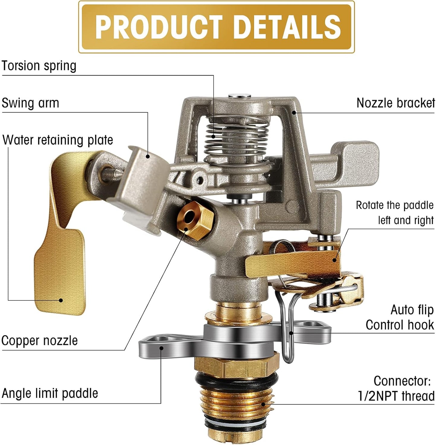 Impact Sprinkler Head Brass Pulsating Sprinkler Lawns Garden Adjustable 360 Degrees Watering Heavy Duty Sprinkler Head with Nozzles for Yard and Grass Irrigation (5 Pieces)