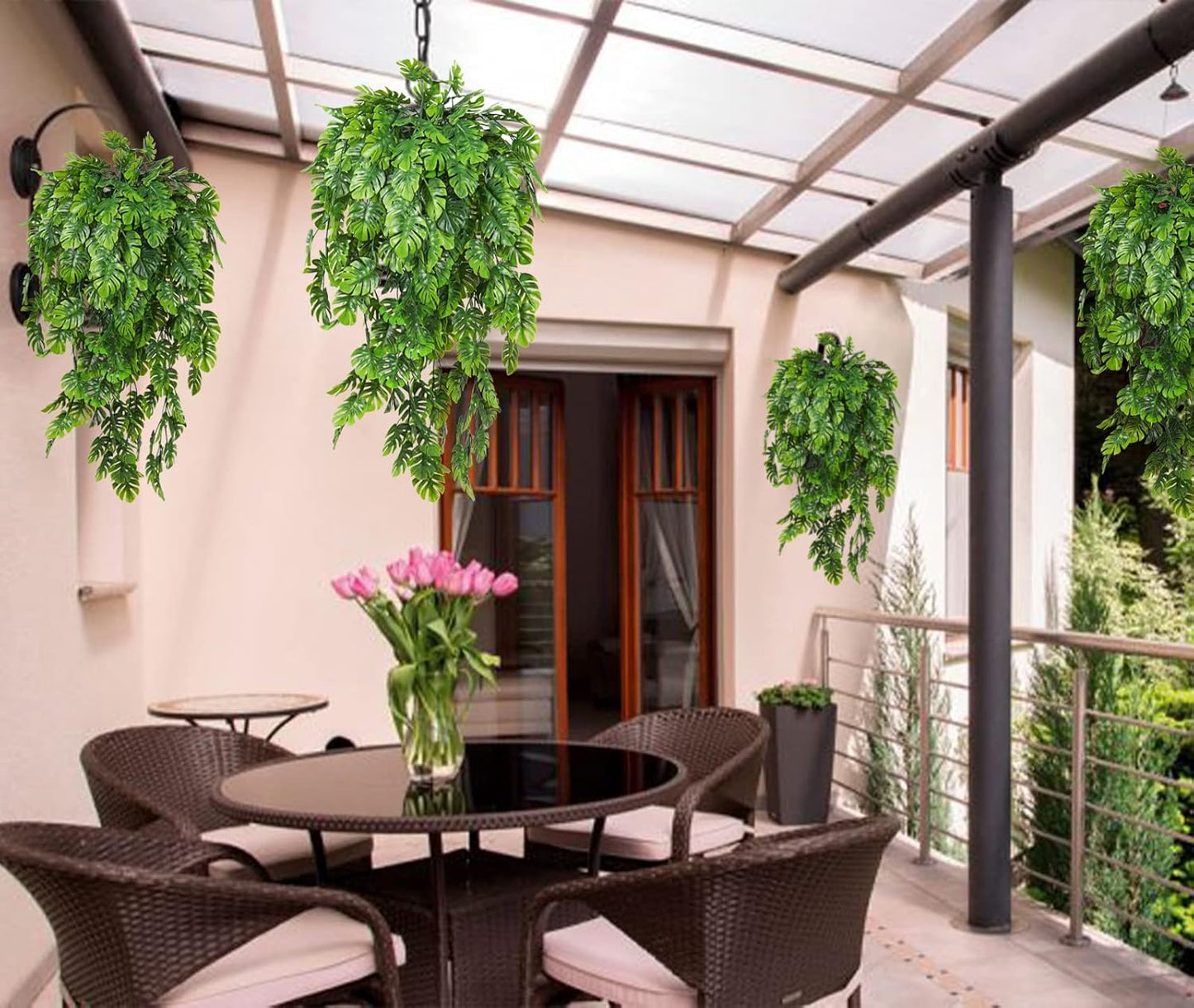 RECUTMS Artificial Hanging Plants 4Pcs, Fake Monstera Leaves Ivy Vine Faux Greenery UV Resistant Tropical Palm Leaf Swag Plant for Garden Home Jungle Hawaiian Luau Party Outdoor Indoor Spring Décor