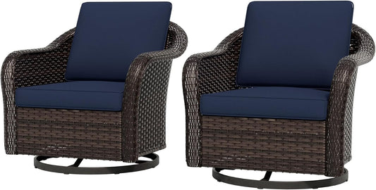 Outdoor Wicker Swivel Chair Set of 2, All-Weather Use Patio Rattan Chair with Seat and Back Cushion, Ideal for Porch, Backyard, Balcony, Poolside, Blue