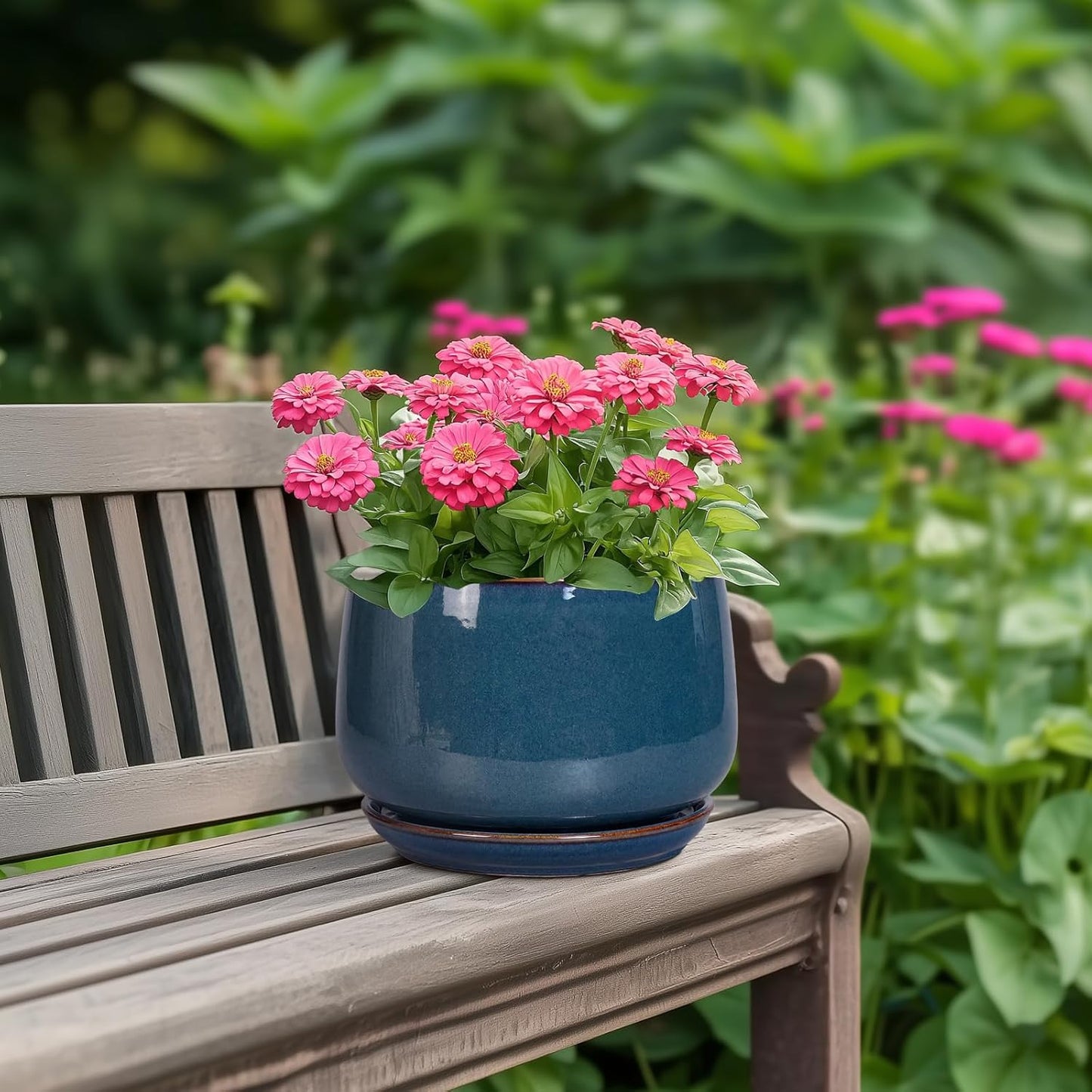 G EPGardening Ceramic Pot for Plants - Modern 7 Inch Round Planter with Drainage and Tray Indoor Outdoor for Flower, Porch Decor, Gardening Gifts, Retro Blue