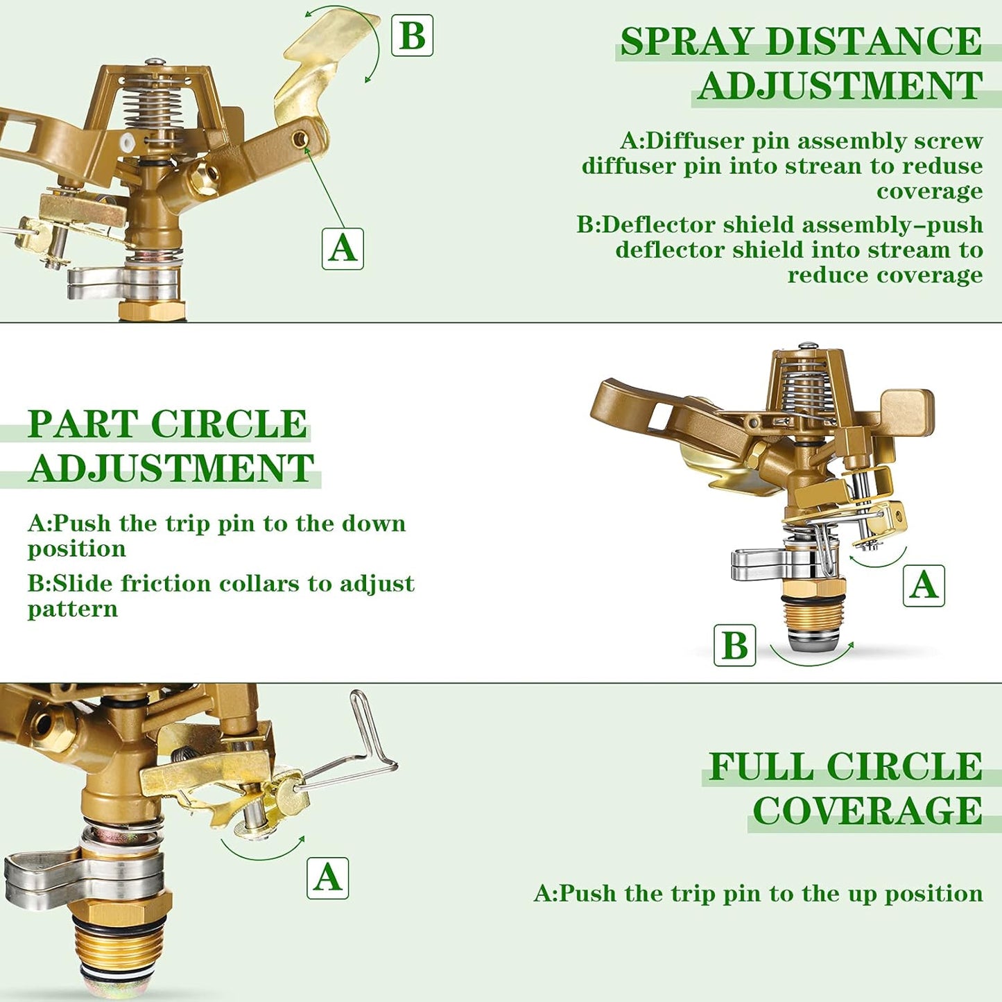 Ferraycle 40 Pieces 1/2 Inch Brass Impact Sprinkler Head with Nozzles Heavy Duty Adjustable 0-360 Degrees Impulse Sprinkler Head Lawn Watering for Yard Irrigation