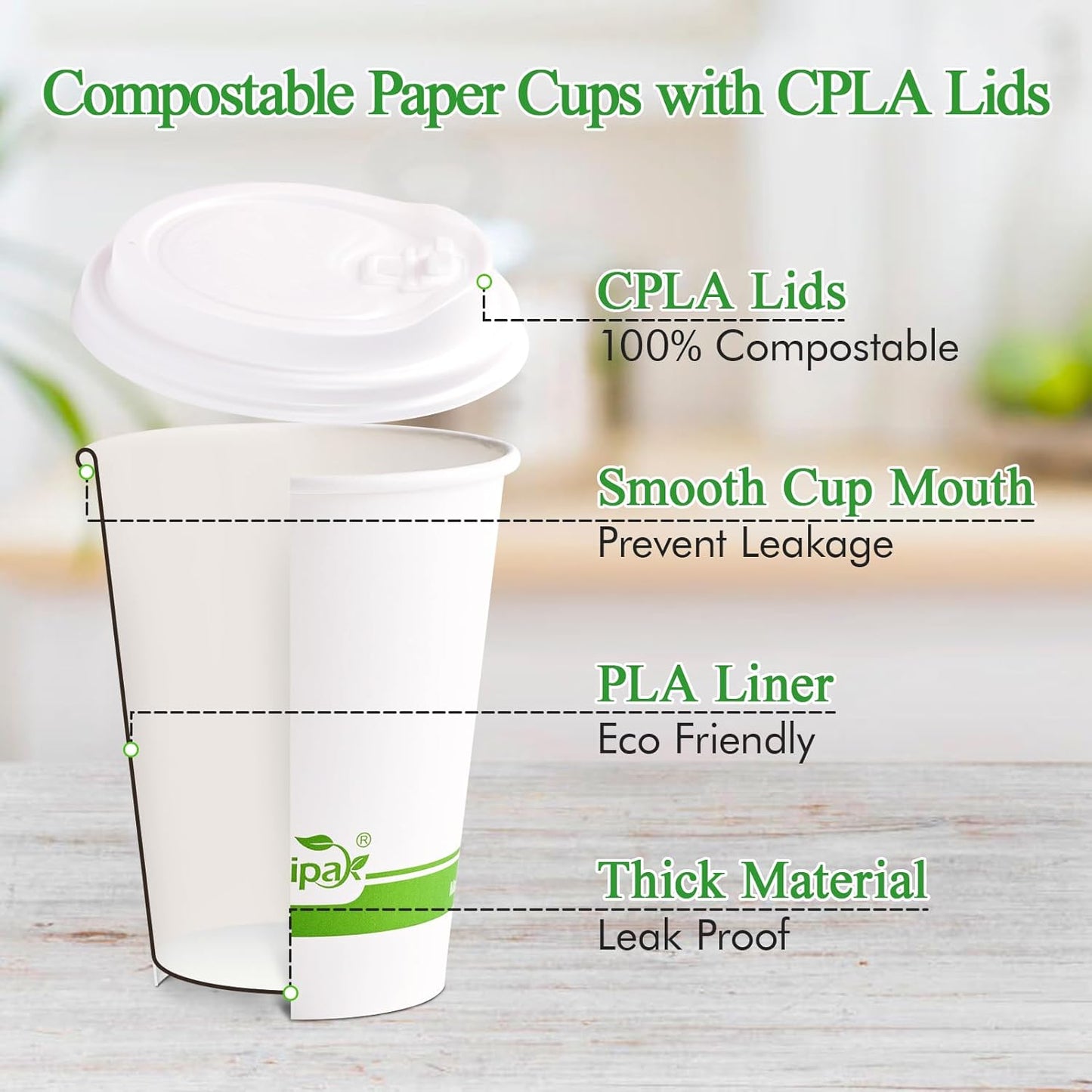 ECOLipak 100 Count 12 oz Compostable Paper Coffee Cups, Biodegradable Disposable Coffee Cups with CPLA Lid, Eco-friendly Hot Drinking Cups for Party, Picnic, Travel, and Events