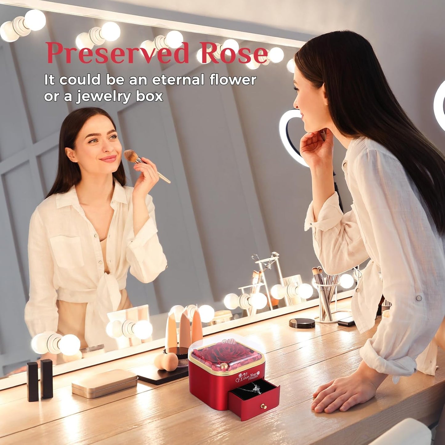 Mikasol Preserved Rose & Heart-Shaped Necklace with Jewelry Box - Preserved Rose, Ideal Romantic Gift for Women, Anniversary, Valentines, Red, 4.9"x4.5"x4.2"