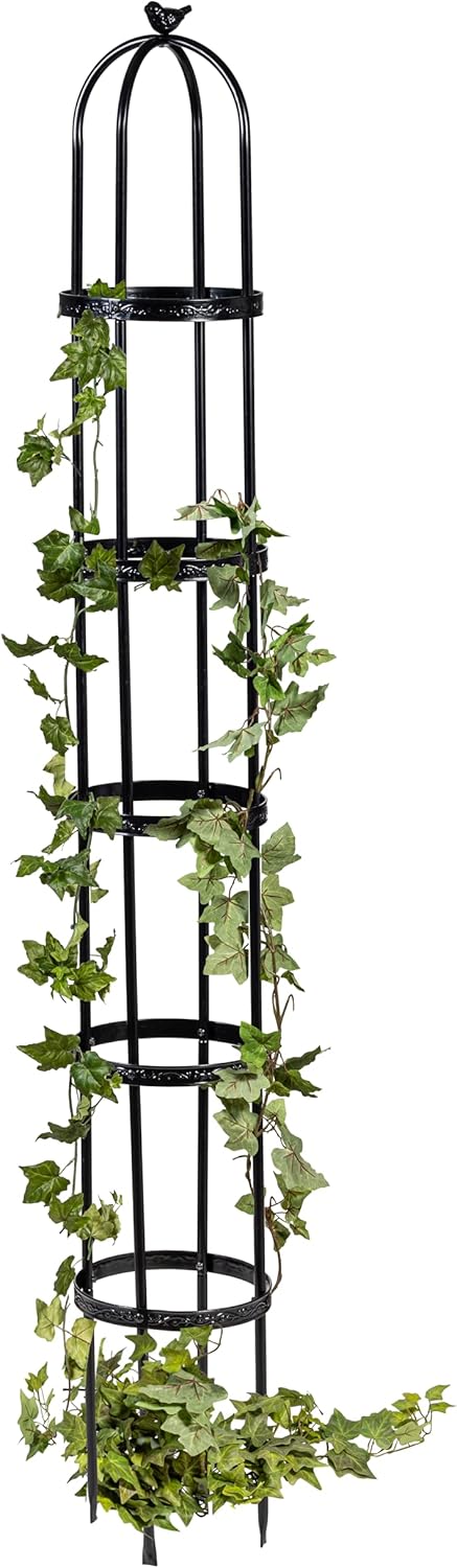 Evergreen Garden Metal Garden Obelisk Trellis for Climbing Plants Outdoor | Indoor Plant Trellis for Potted Plants | Floral Pattern Arch Trellis (7 Feet, Black)