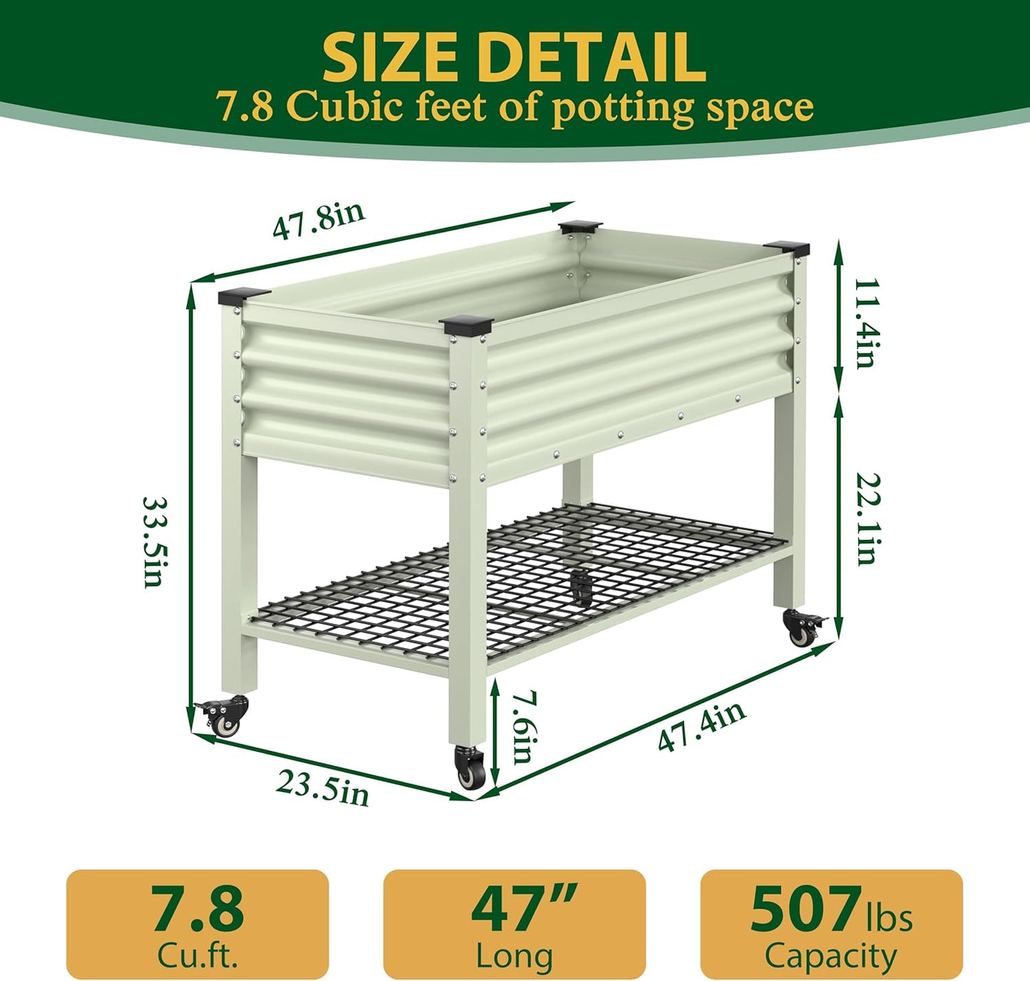 MUPATER 47.8" L x 23.5" W x 33.5" H Galvanized Steel Raised Garden Bed, 507lbs Capacity Large Metal Elevated Raised Planter Box with Rolling Casters & Extra Bottom Shelf for Patio, Balcony, Beige
