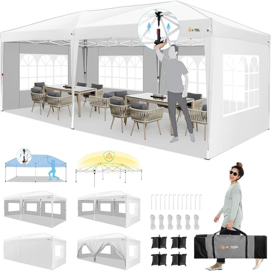 HOTEEL 10x20 Pop up Canopy with Sidewalls, One Push Outdoor Tents for Parties Waterproof Canopy Tent with Reinforce Rod, Easy Setup Event Tent with Sandbag for Backyard, Camping, Wedding, White