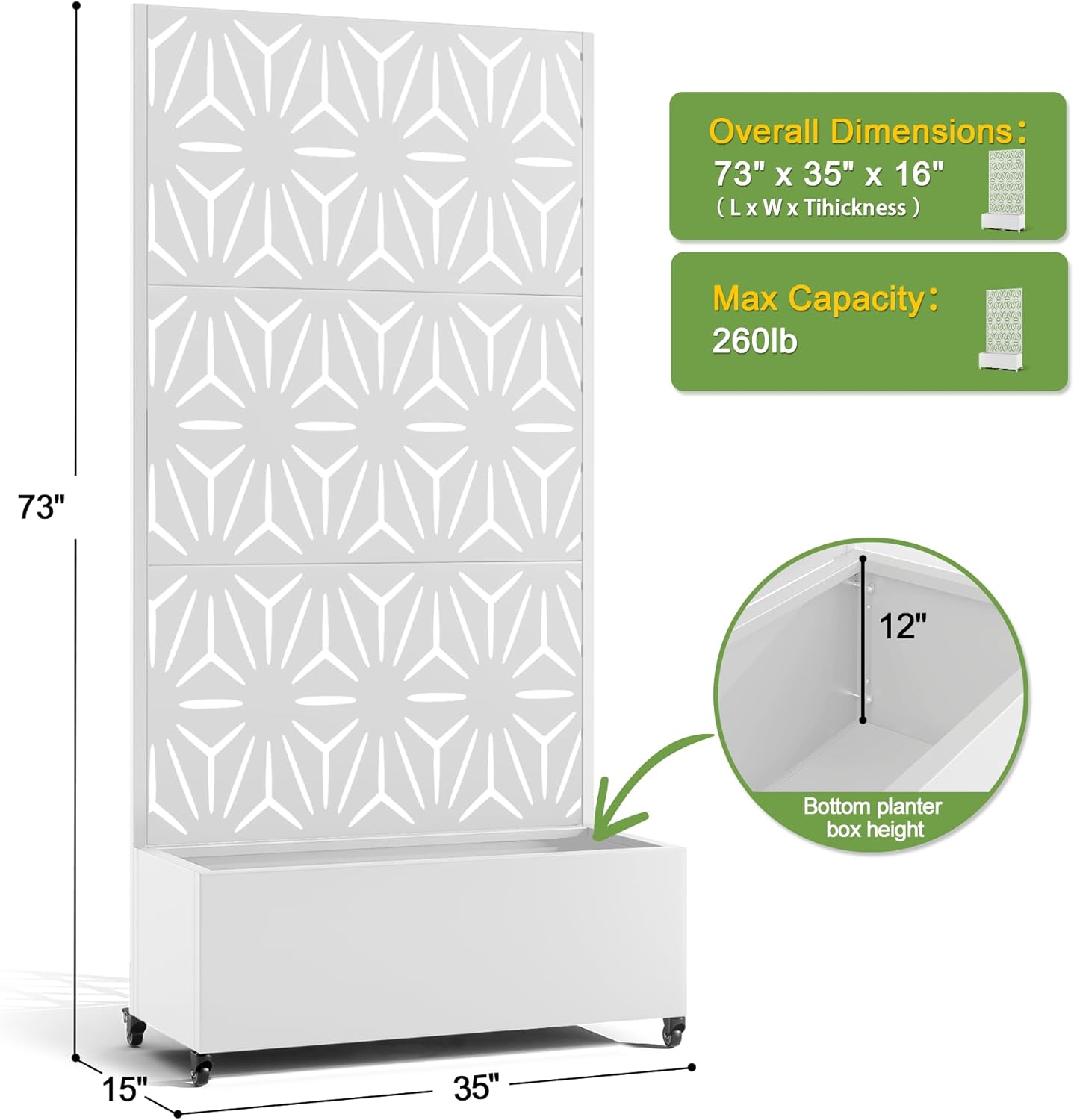 FENCY Metal Raised Garden Bed with Wheels and Trellis,73"x35"x16" Planter Box for Climbing Plants, Vegetables & Vines, Features Privacy Screen and Drainage Holes (White-Star)