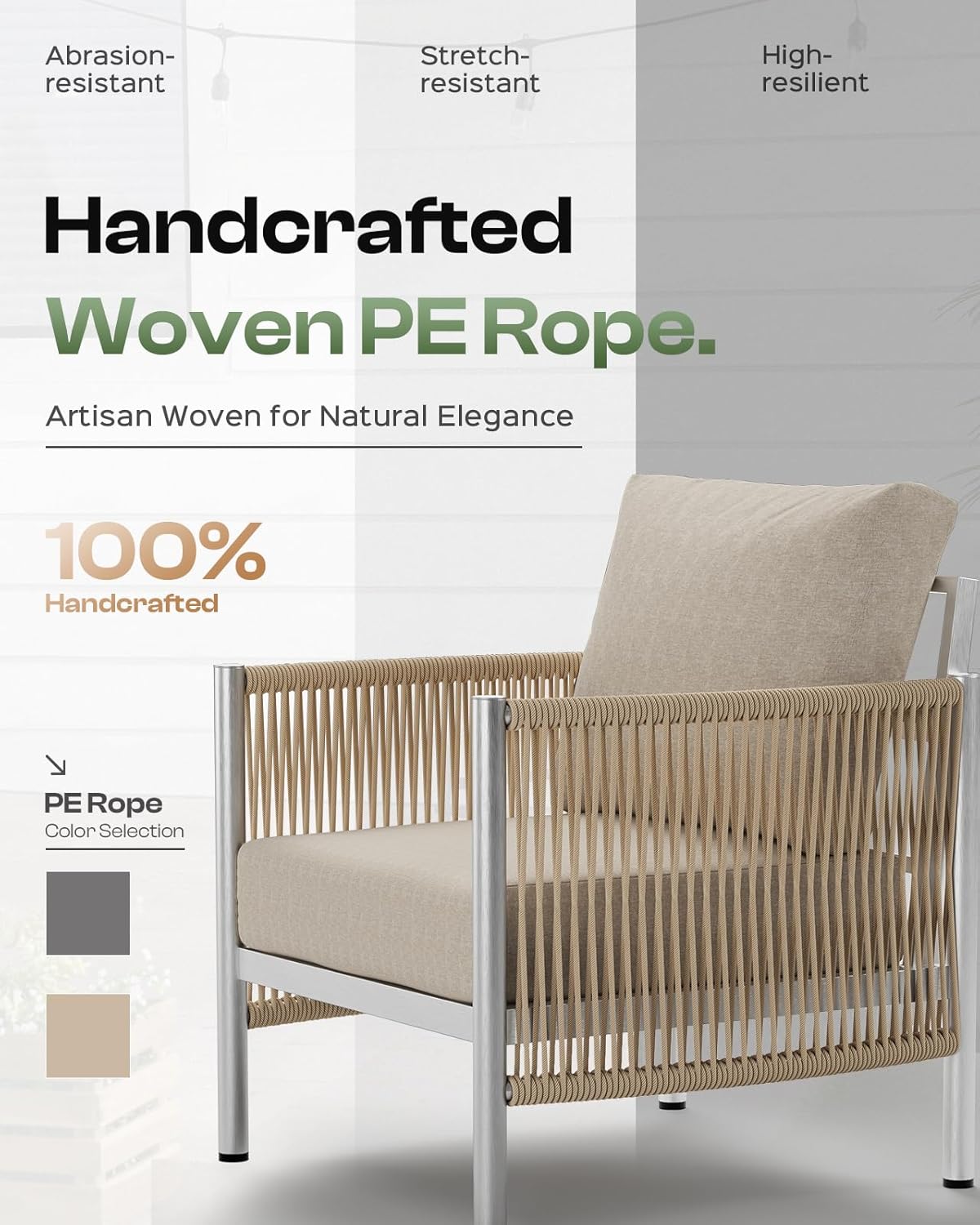 Aluminum Outdoor Patio Couch Loveseat, HDPE Rope Patio Sofa with Washable Thick Cushion, All-Weather Patio Furniture for Balcony, Yard, Silver Frame, Beige