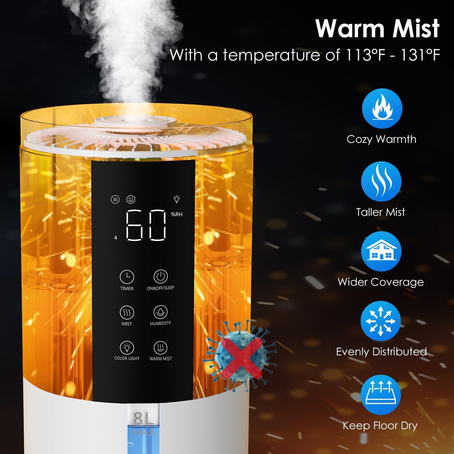 Humidifiers for Bedroom - GloryAir 2.11Gal (8L) Quiet Top Fill Cool & Warm Mist Humidifier Large Room 650 ft² with Humidistat, diffuser, Auto Mode, 7-Color Light for Plants, Baby,Adults, Office & Home