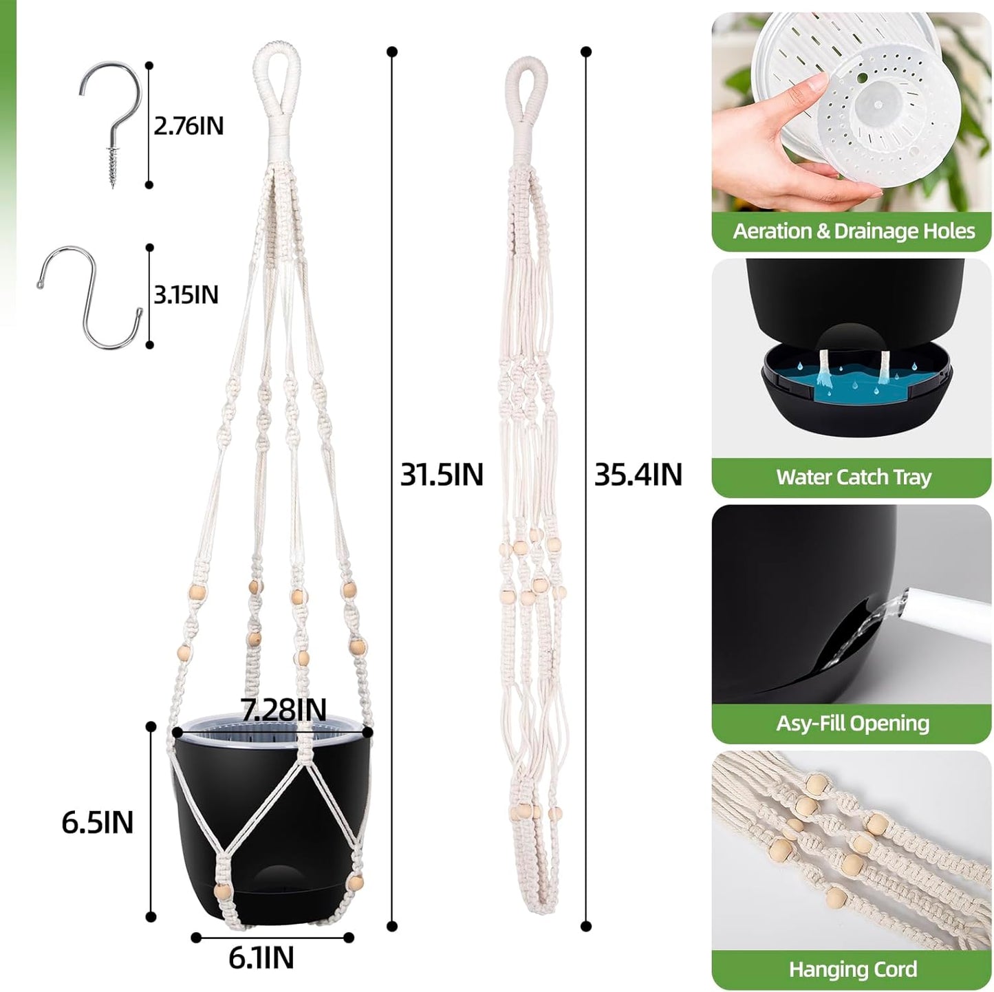 2-Pack 7.1-Inch Self-Watering Hanging Planters for Indoor & Outdoor Plants,34Inch Macrame Hanger Plant Pots Indoor with Drainage,Small Hanging Planters & Baskets,With Two Sets of Hooks（Pure black）