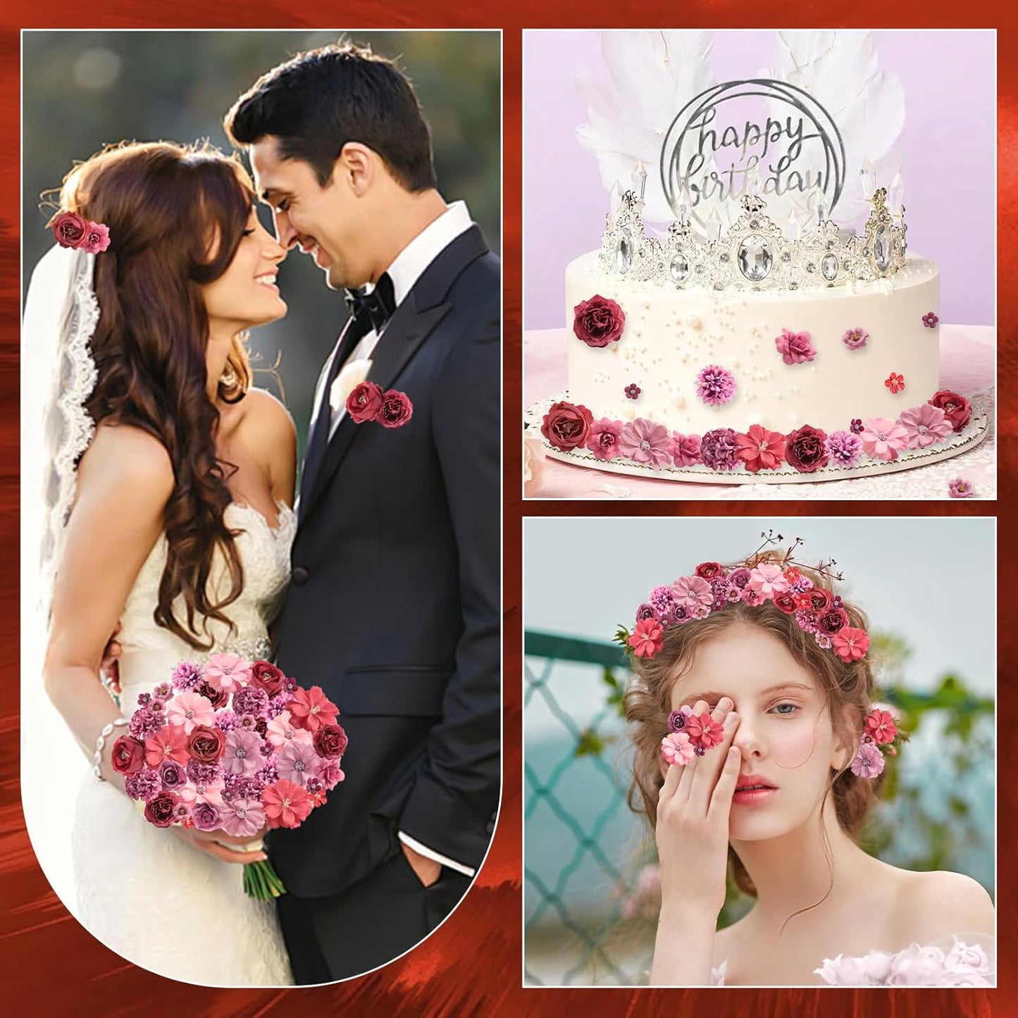 Faux Flower Heads Mini Red Artificial Flower Heads Fake Peony Daisy Rose Flowers Multicolor Small Silk Daisy Flower Heads for Craft Garland Wedding Party DIY Home Decoration,2-4 cm