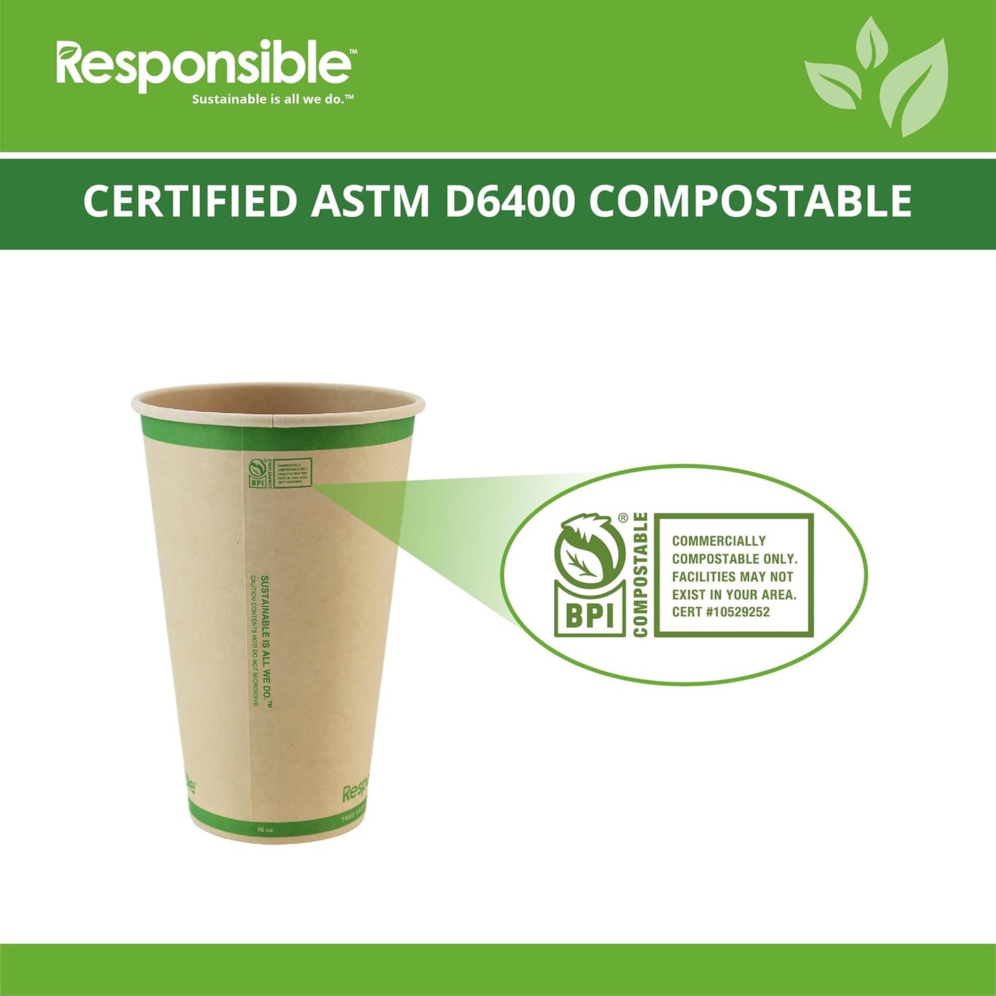 16 oz Paper Hot Cups, Tree-Less™ Compostable Paper Coffee Cups, Extra Strength, Tree-Free and Made Without PFAS, Natural Brown (1000 Count)