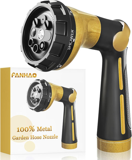 FANHAO Garden Hose Nozzle Heavy Duty, 100% Metal Water Hose Sprayer with 8 Spray Patterns, High Pressure Spray Nozzle Thumb Control On Off Valve for Outdoor Lawn & Plant Watering, Car & Pet Washing