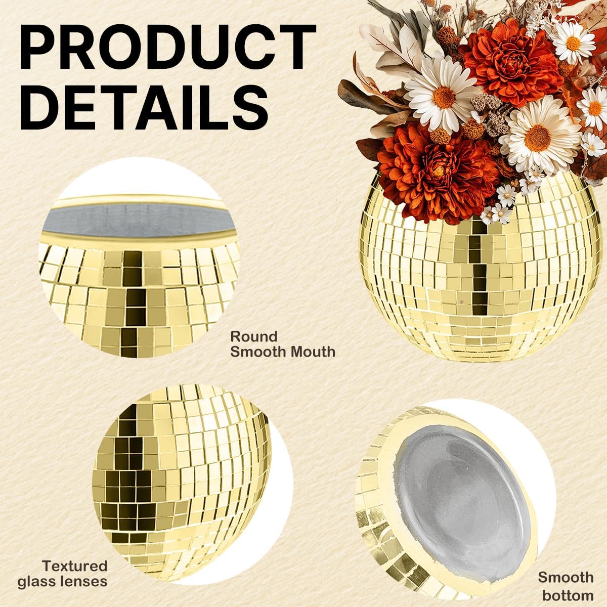 2 Pcs Disco Ball Vase,5 x 6 Inch Mirrored Disco Ball Planter,Disco Ball Candle Holders Perfect Disco Decorative Planters for Living Room Bedroom Table Wedding Party Birthday(Gold)