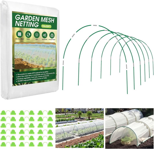 Garden Netting Kit for Raised Beds, 10x30FT Ultra Fine Mesh Netting＆ 6 Sets of 8FT Fiberglass Garden Hoops, Bird Barrier Protection Net Vegetable Plant Cover Fruit Flowers Row Cover