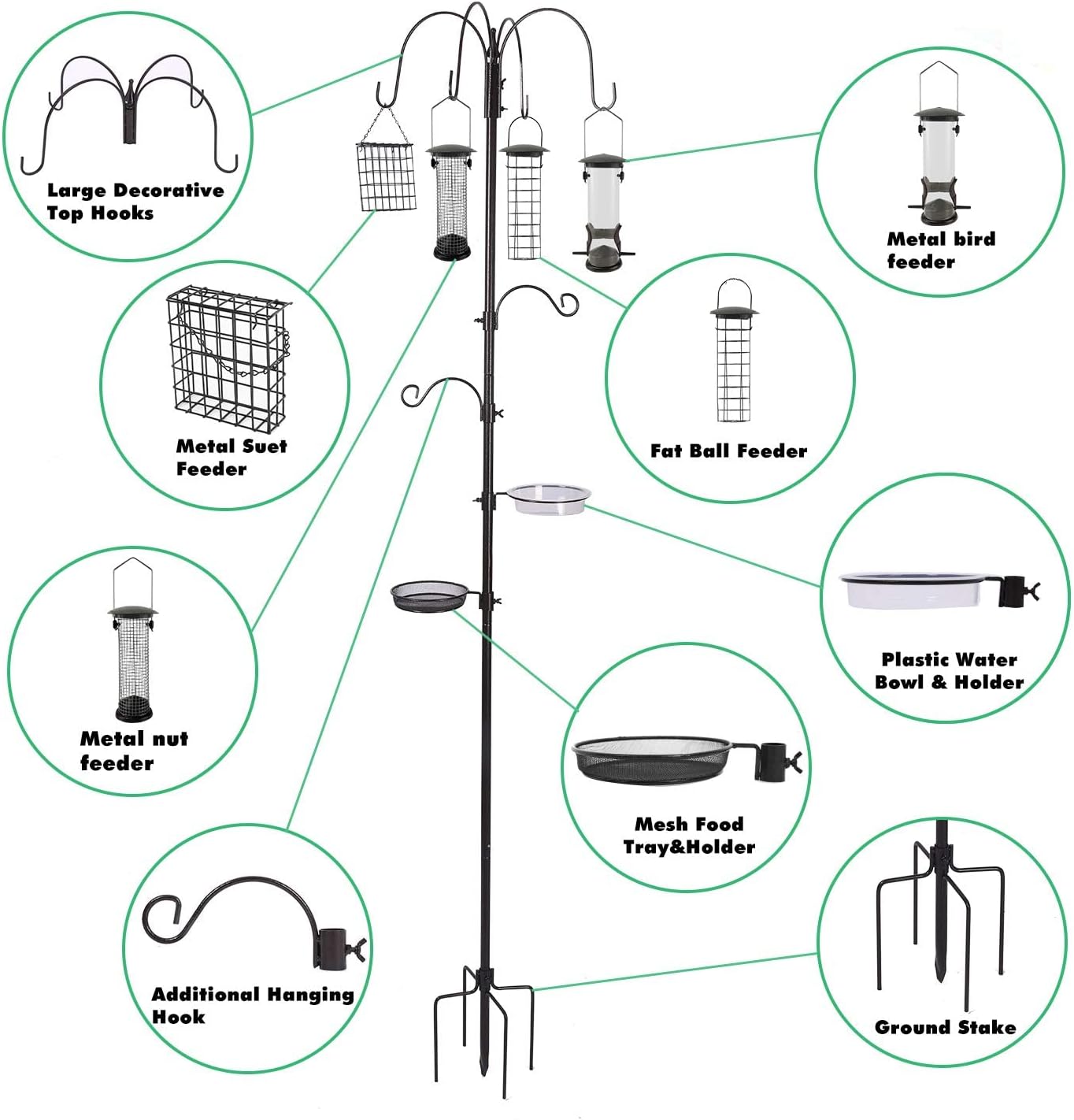 Bird Feeding Station Kit Pole Wild Bird Feeder Hanging Planter Hanger Multi Feeder Hanging with Metal Suet Feeder Bird Bath for Attracting Wild Birds