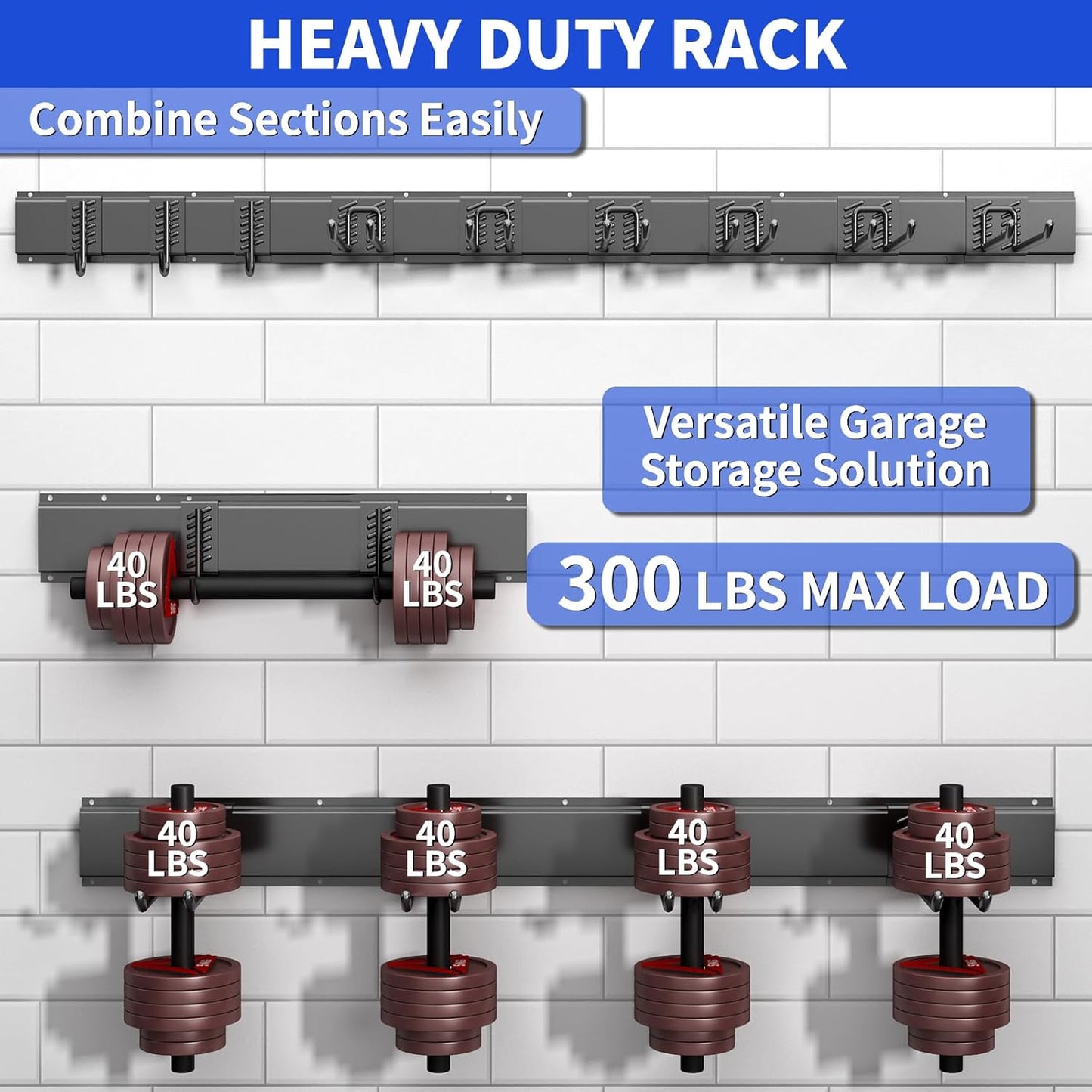 Garage Organization Tool Organizer Wall Mount, 48inch Heavy Duty Garden Tool organizer Storage System, Easy Install With 9 Adjustable Hooks, For Garage, Basement, Shed, Workshop(Black)