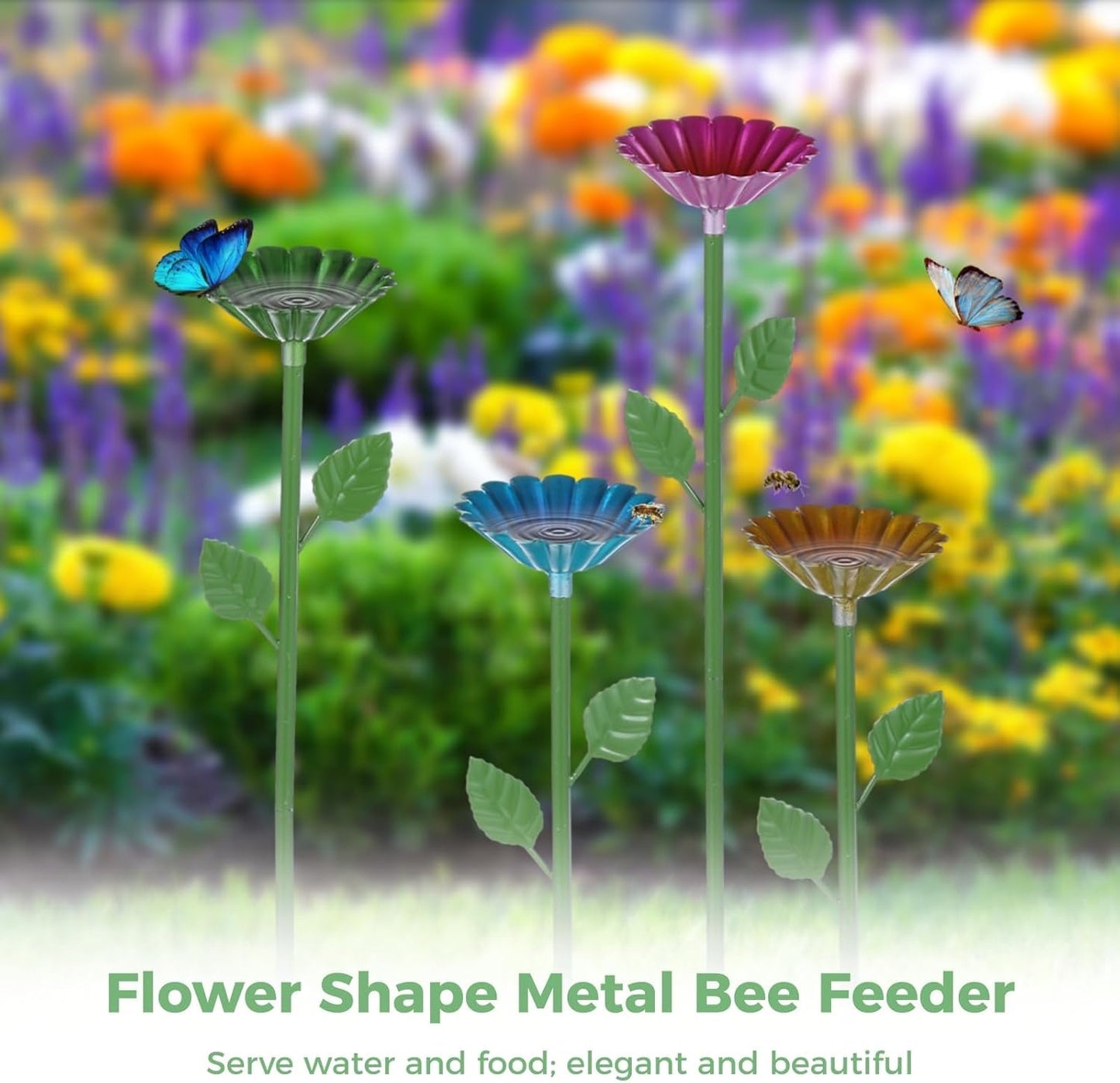 4 Pack Bee Watering Station, Metal Bee Feeder Cups with Colorful Flower Design,Butterfly Bee Bath Bowl for Outdoor Garden Yard Decor (Green, Blue, Yellow, Purple)