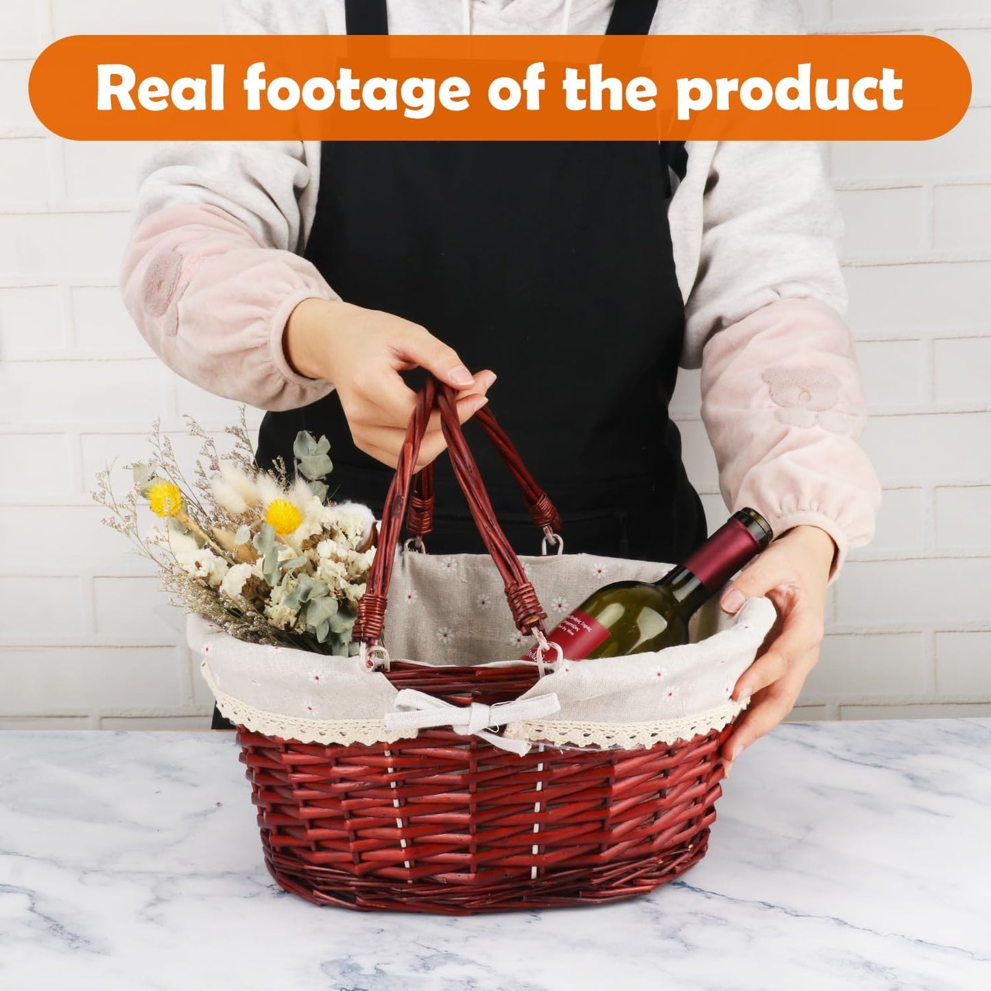 Brown Wicker Basket with Linen Lining, 14 Inch Large Wicker Woven Picnic Basket with Handle for Picnic, Camping, Outdoor Party