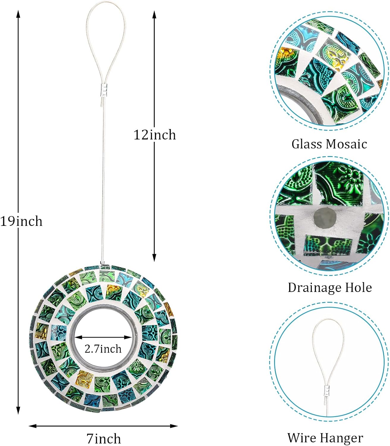 Yinns Bird Feeder - Fly Through Birds Feeder for Outside, Hanging Mosaic Glass Birdfeeder for Outdoors Circle Wild Bird Seed Container, 7-inch Green