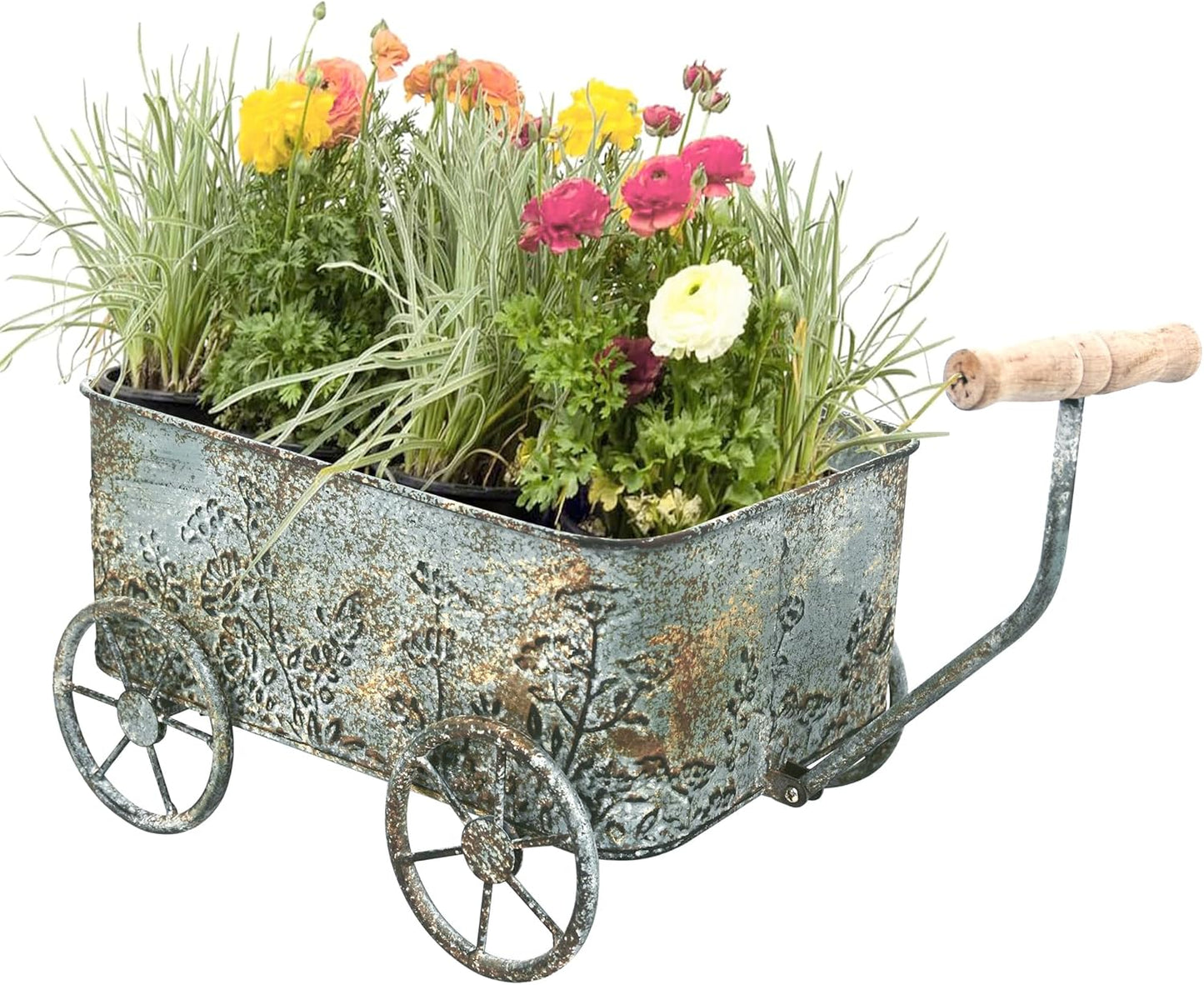 Flower Cart with Wooden Handles, Metal Wagon Planters for Outdoor Plants, Garden Planter with Wagon Wheels, Decorative Wheelbarrow, Plant Cart for Patio Garden Balcony (Blue)