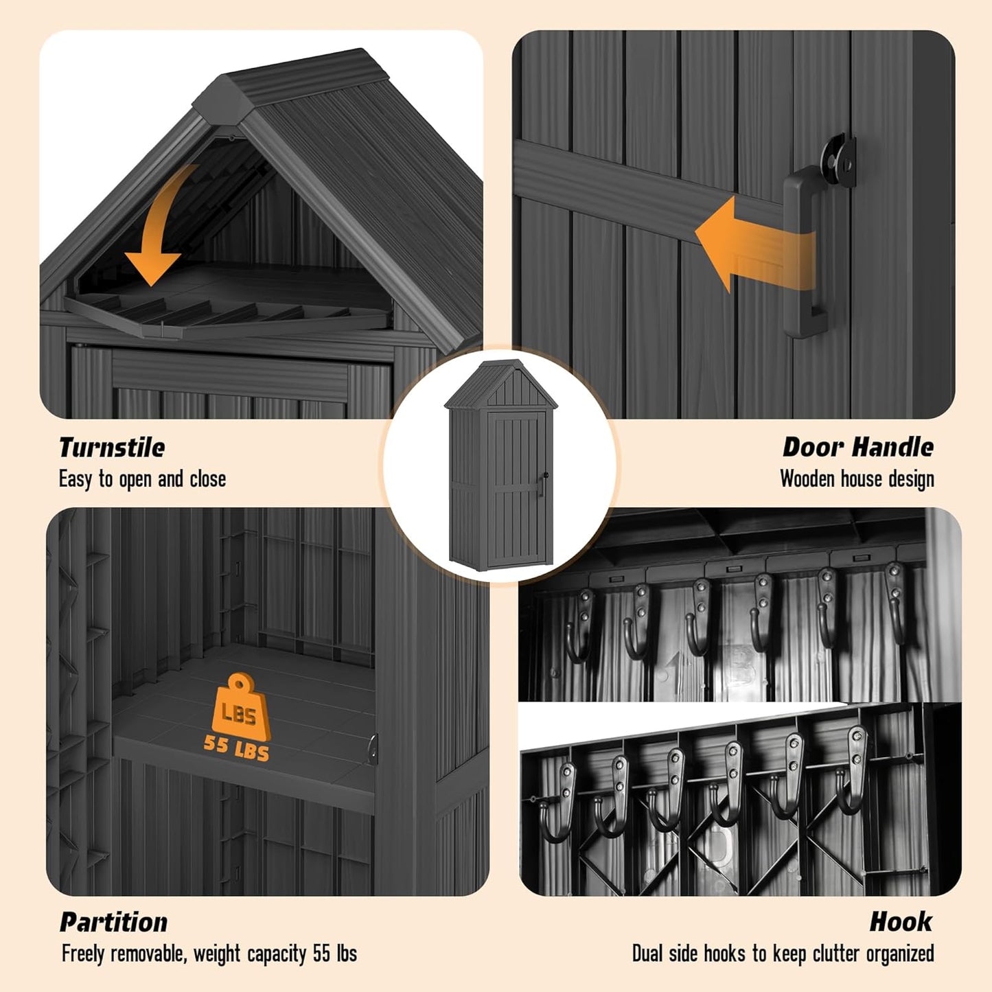 Shed Outdoor Storage Shed with Sloping Roof and Lockable Door, Resin Outdoor Storage Box Cabinet Waterproof and Multiple Hooks for Backyard, Patio, Poolside, Black