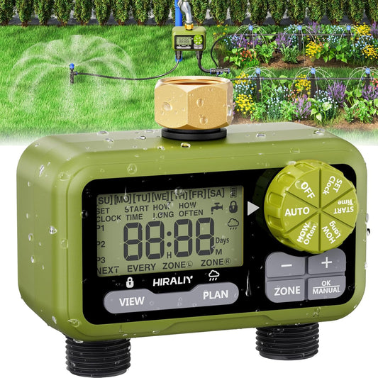 HIRALIY Sprinkler Timer, Water Timer for Garden Hose 2 Zone, Programmable for Watering, Automatic Irrigation System for Yard Lawn, Brass Connector, IP65 Waterproof