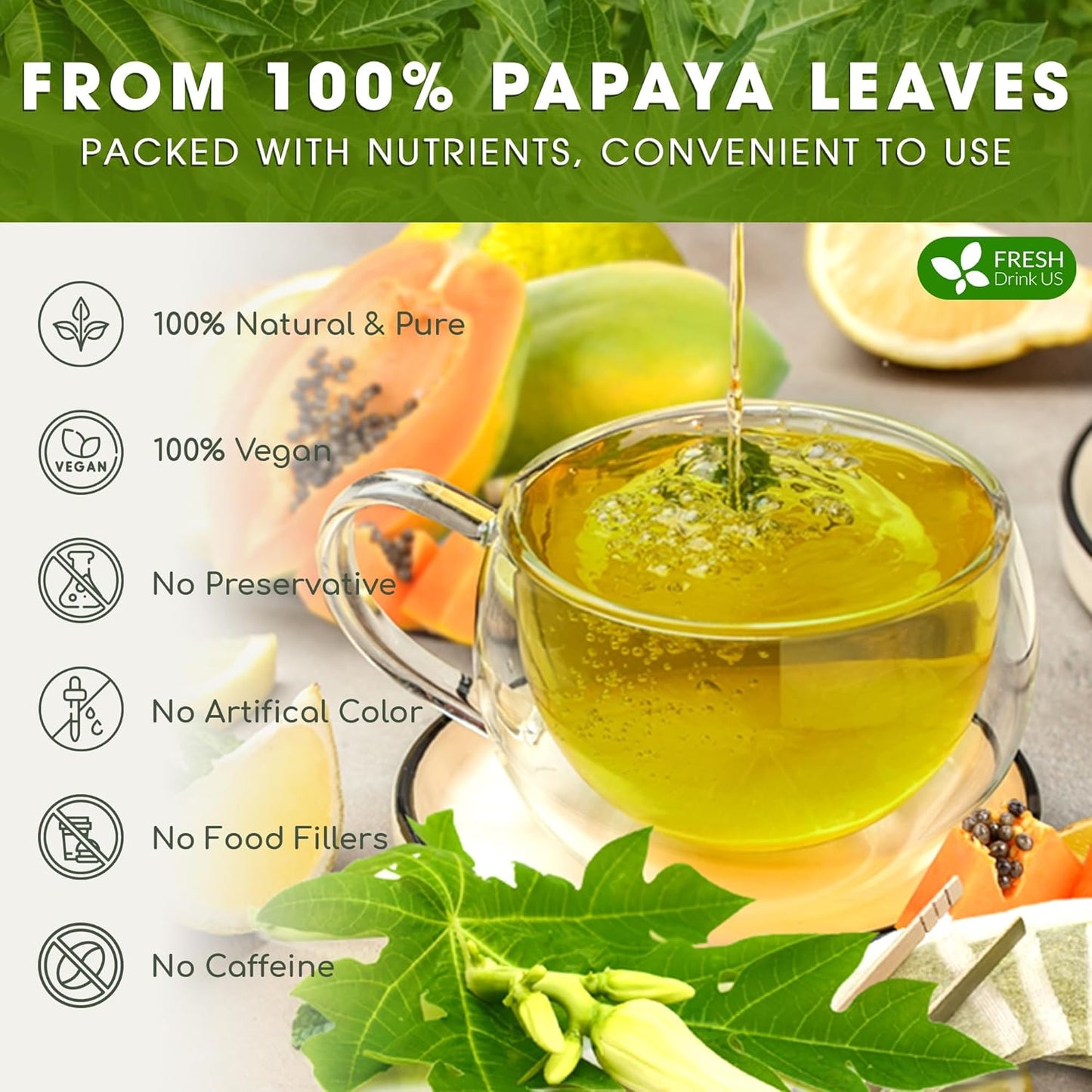 FreshDrinkUS, Premium 75 Papaya Leaf Tea Bags, 100% Natural & Pure from Papaya Leaves. Loose Leaf Papaya Herbal Tea. Made with Natural Material Tea Bags. No Sugar, No Caffeine, No Gluten, Vegan.