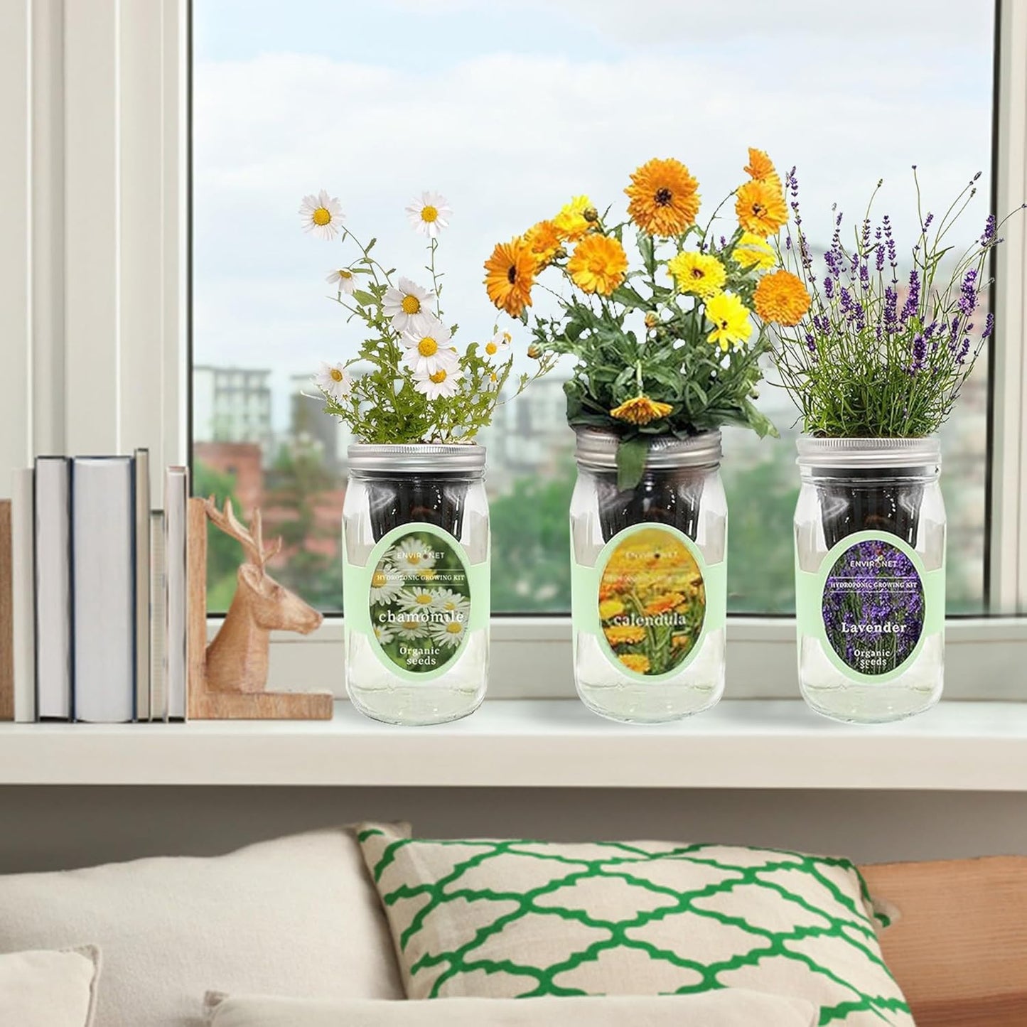 Hydroponic Herb Growing Kit Set, Self-Watering Mason Jar Herb Garden Starter Kit Indoor, Grow Your Own Herbs from Seeds (Calendula, Chamomile & Lavender)