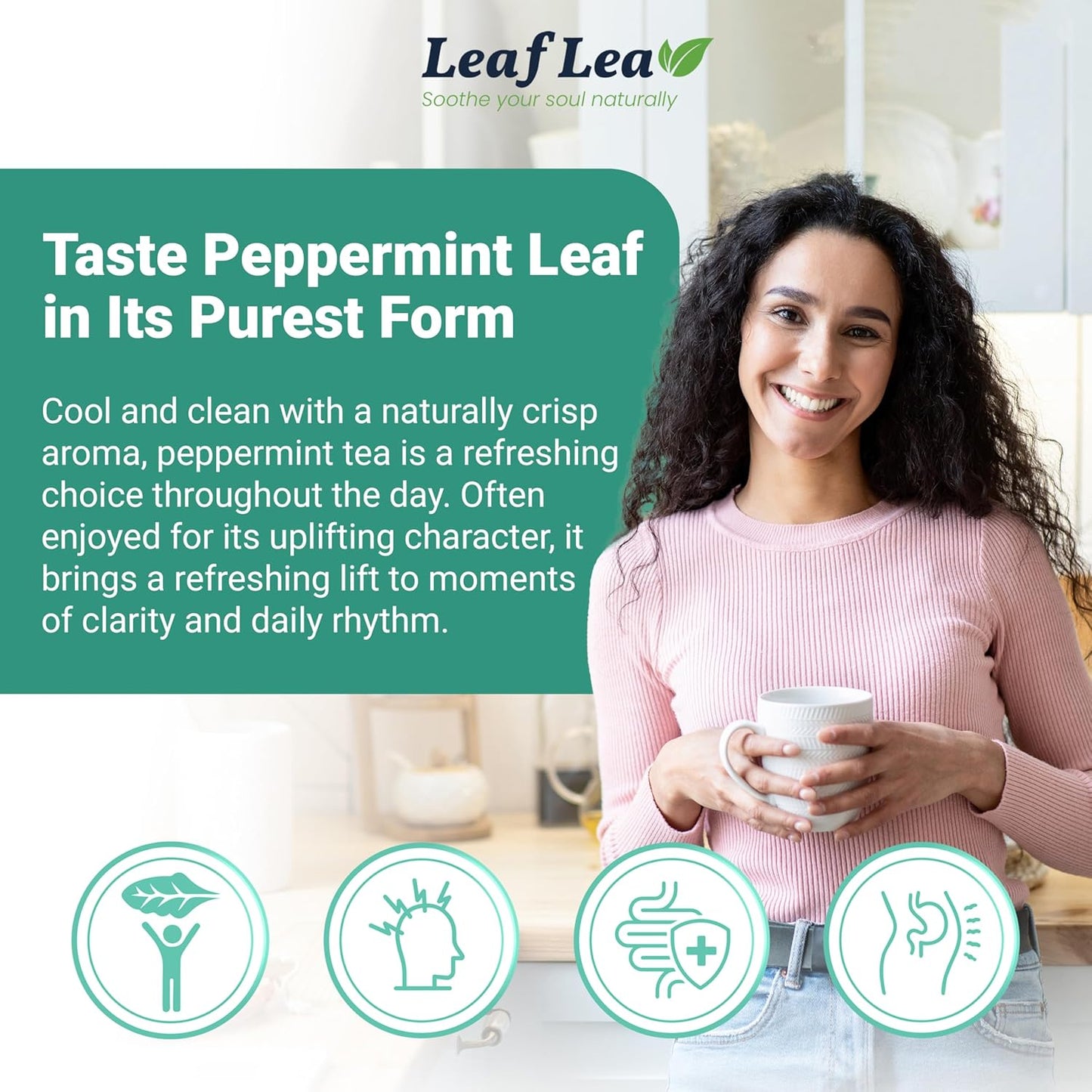 LeafLea 80 Premium Peppermint Tea Bags, 100% Natural Peppermint Leaf Tea, Te de Menta for Soothing Throat & Refreshing Breath, Light and Smooth Flavor, Caffeine-Free, Sugar-Free, Individually Wrapped