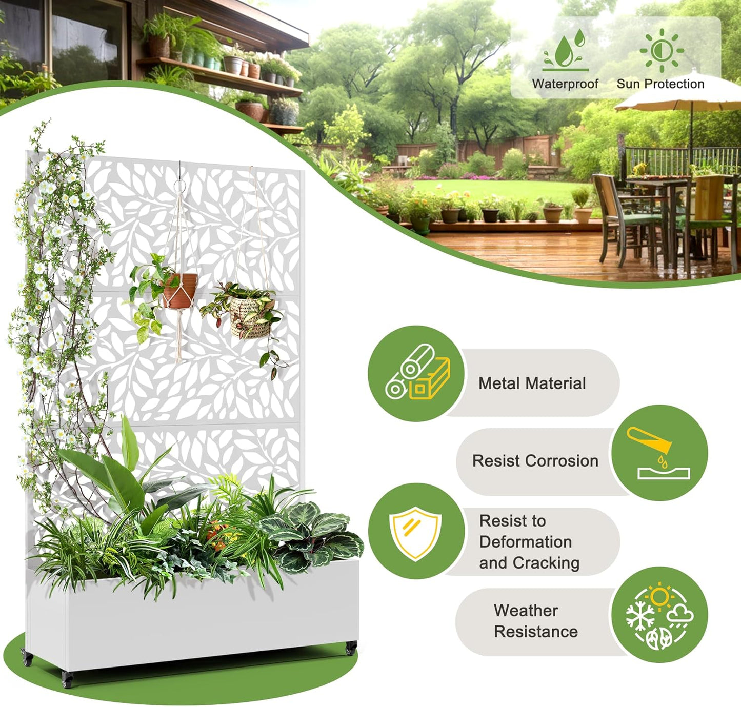 FENCY Metal Raised Garden Bed with Wheels and Trellis,73"x47"x16" Planter Box for Climbing Plants, Vegetables & Vines, Features Privacy Screen and Drainage Holes (White-Leaf-2)