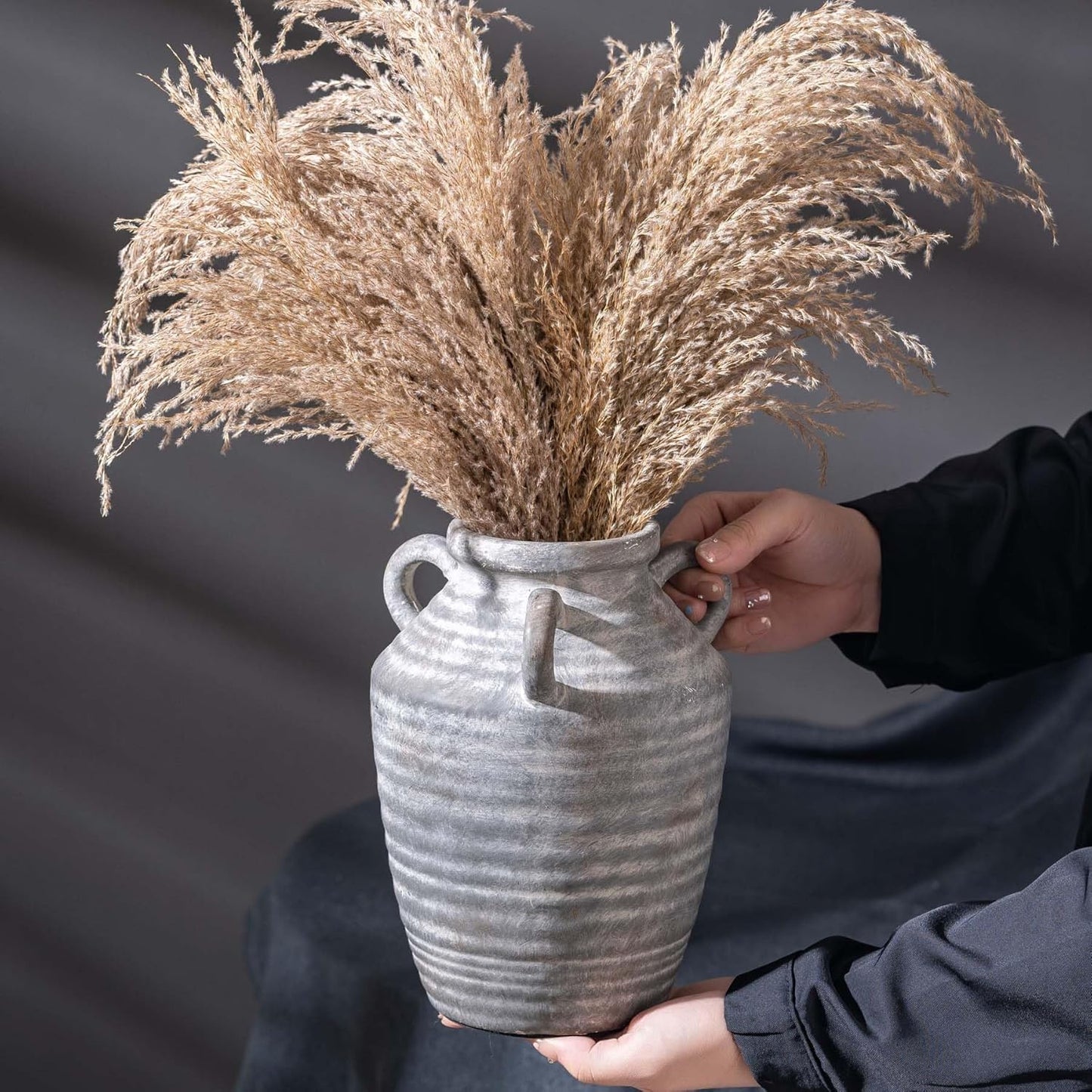 Grey Terracotta Ceramic Vase with Handles, Vintage Rustic Pottery Vases for Table Centerpiece, Cottage Core Home Decor, Large Flower Vases for Bouquet Entryway Mantel Bookshelf Living Room 8.9 Inch