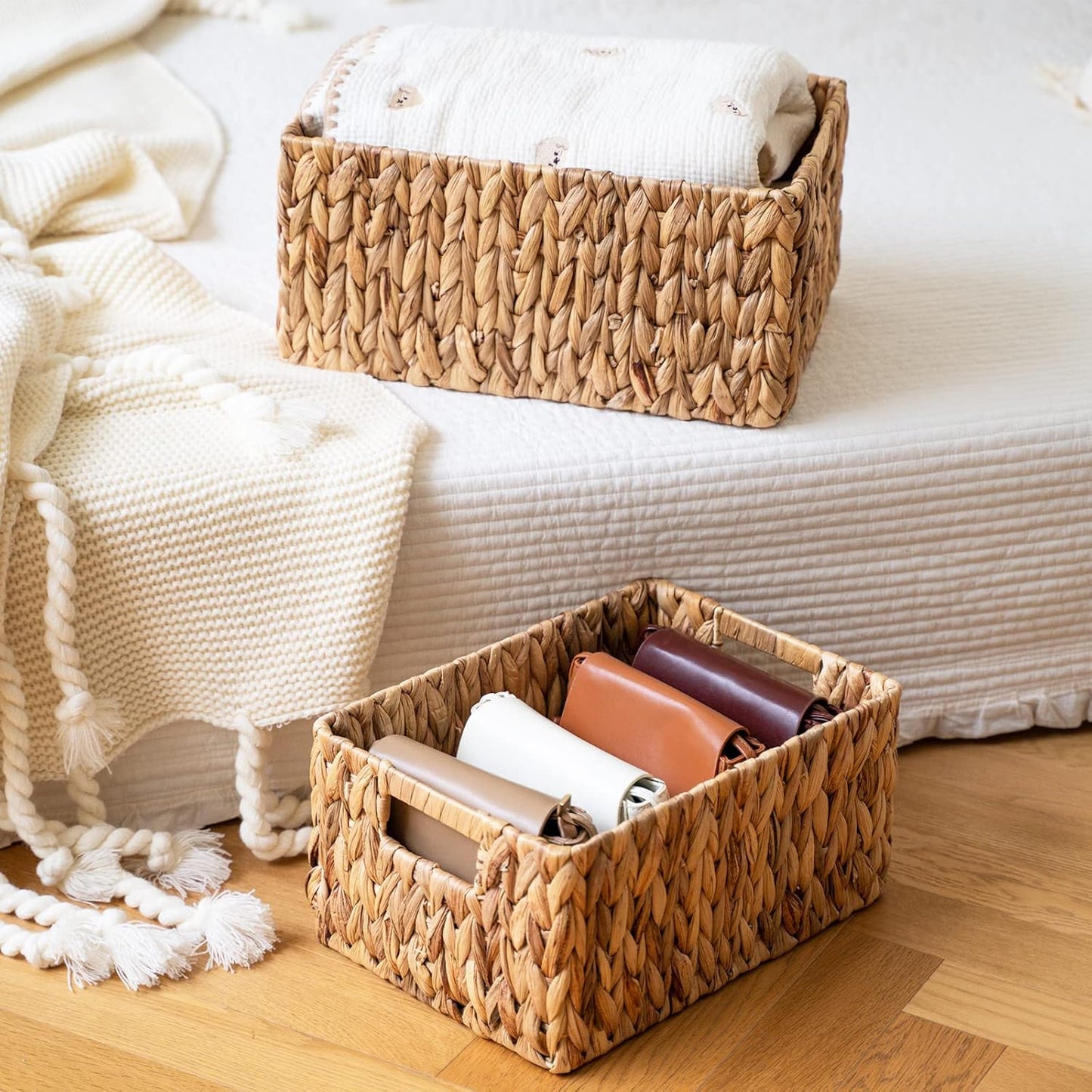 FairyHaus Wicker Baskets 15x11x7 & 13.4x9.5x6.5, 2 Pack Handmade Big Wicker Storage Basket with Handles, Natural Water Hyacinth Wicker Baskets for Storage Shelves Organizing, Rectangle Wicker Basket