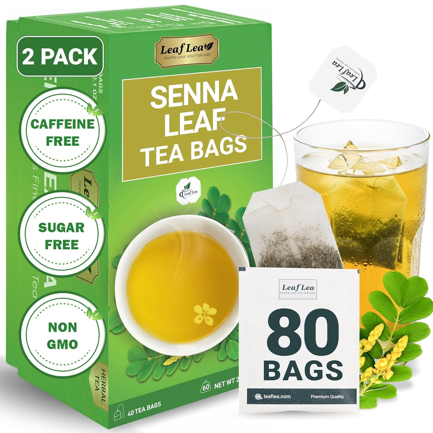 LeafLea 80 Senna Leaf Tea Bags – Natural Herbal Laxative Tea, Supports Gentle Constipation Relief & Healthy Digestion, Caffeine-Free, Sugar-Free, No Gluten, Non-GMO, Vegan, Individually Wrapped