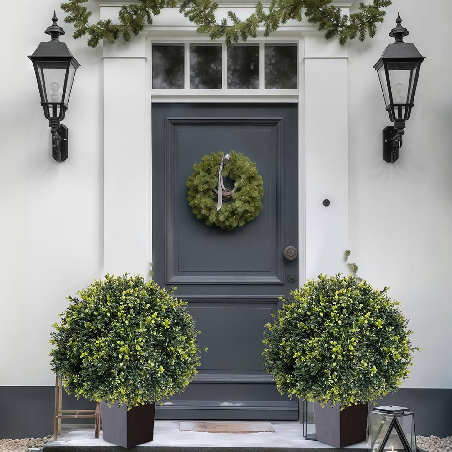 ICX 2 Pack 24&quot; Artificial Boxwood Topiary Ball Trees with Ground Spike,Artificial Plants Outdoor,Fake Bushes &amp; Shrubs for Porch, Garden, Front Porch Decor - Indoor/Outdoor Faux Plants