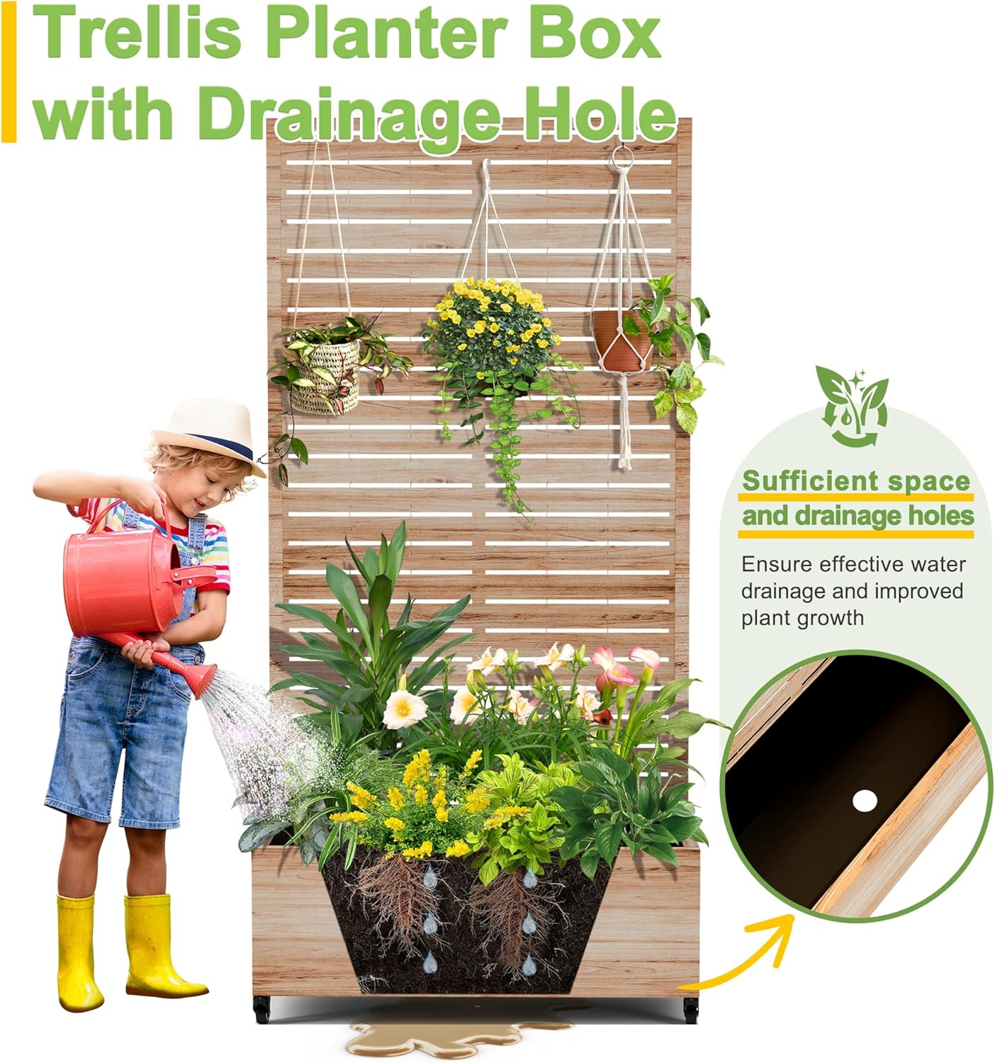 FENCY Metal Raised Garden Bed with Wheels and Trellis,73"x35"x16" Planter Box for Climbing Plants, Vegetables & Vines, Features Privacy Screen and Drainage Holes (Acacia Wood Finish)